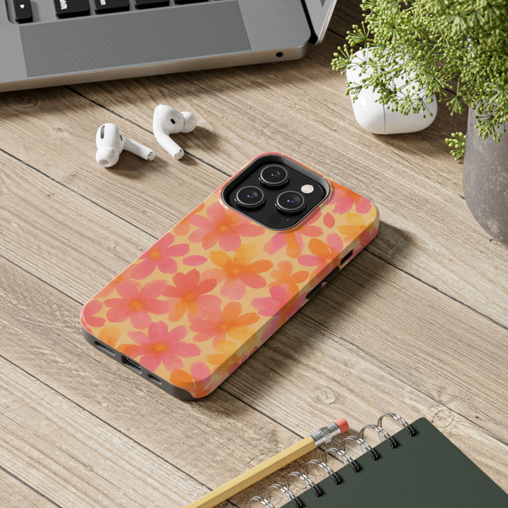 Floral Watercolor Tough Phone Case — Pink & Orange Bloom Protective Cover