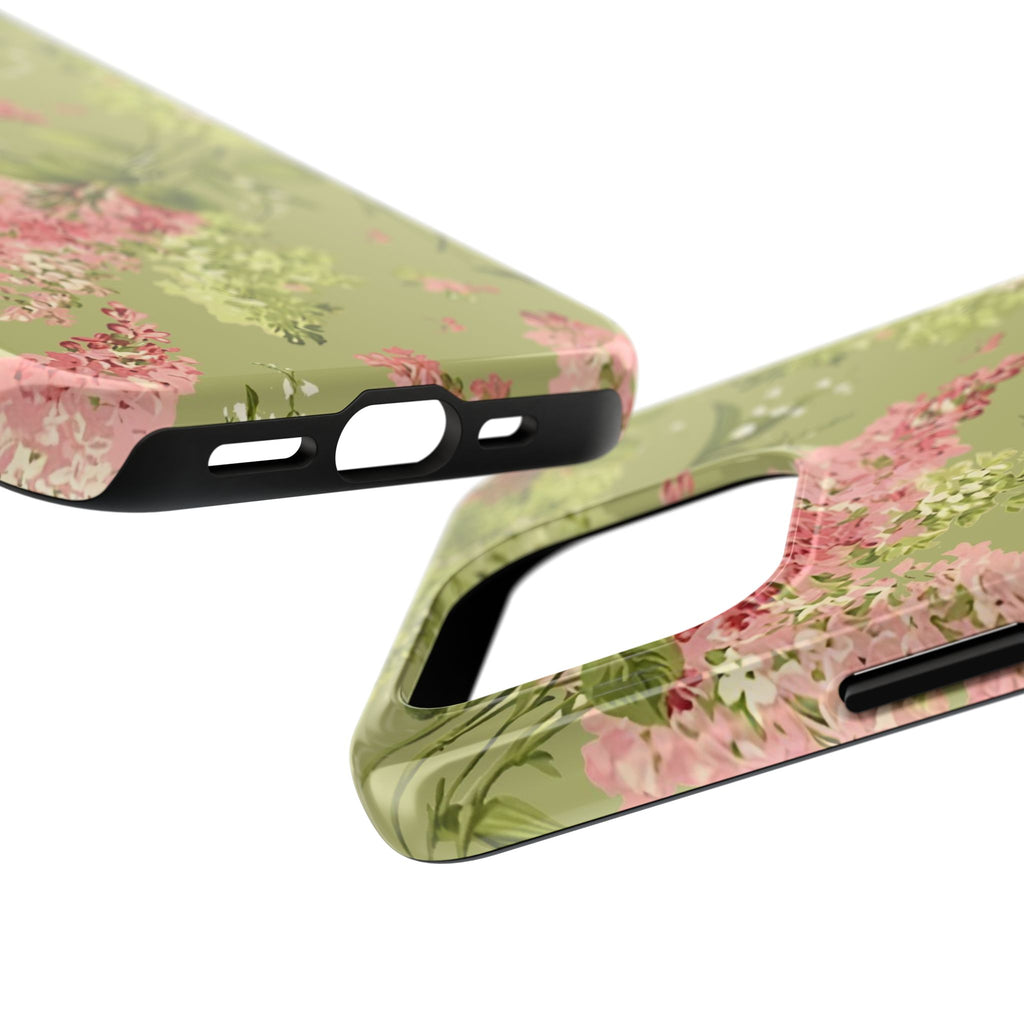 Floral Green Tough Phone Case — Vintage Pink Hydrangea Protective Phone Cover