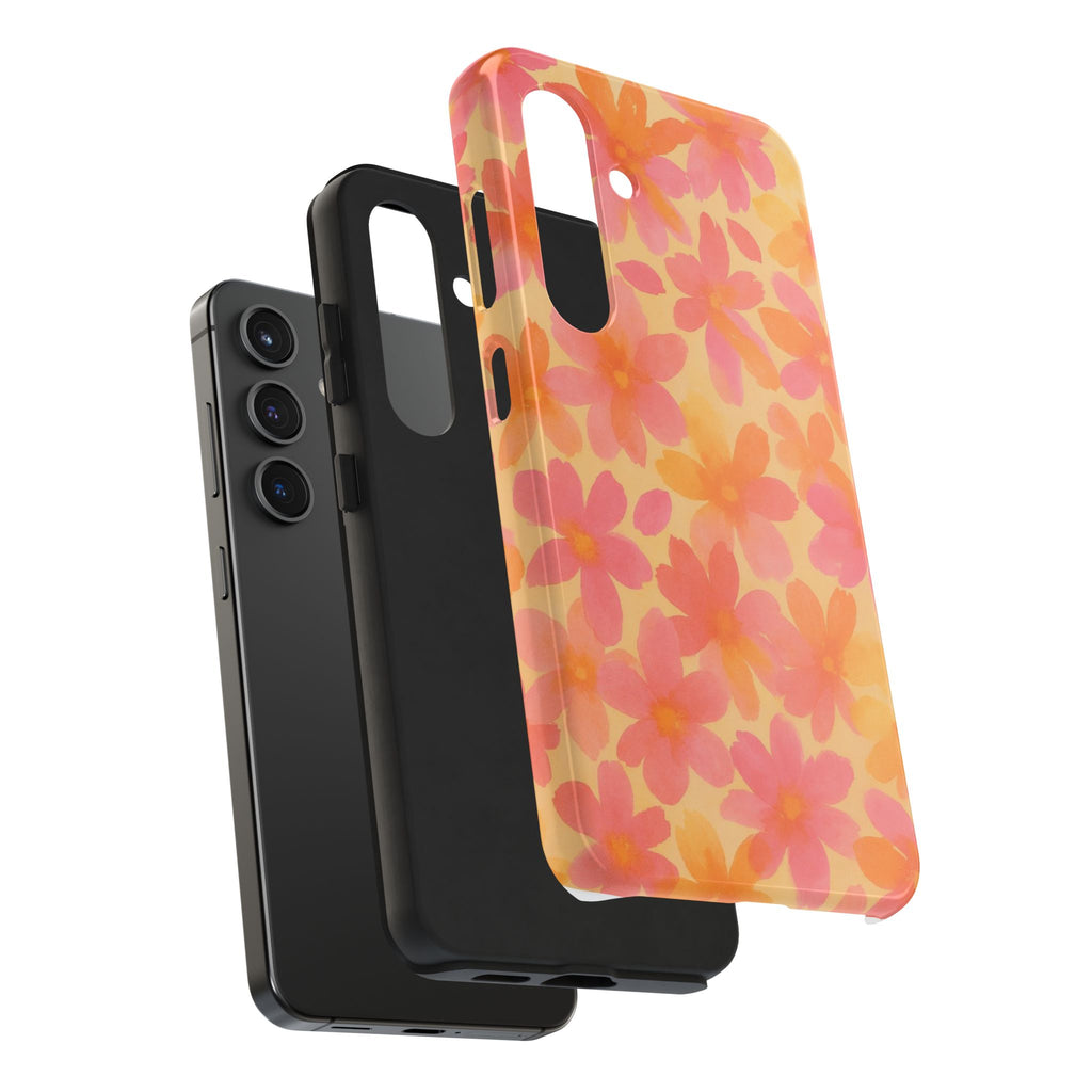 Floral Watercolor Tough Phone Case — Pink & Orange Bloom Protective Cover