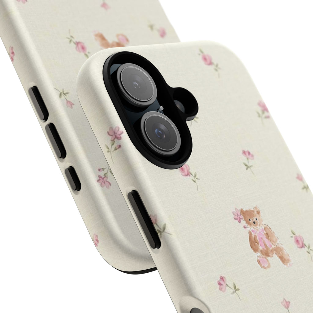 Teddy Floral Tough Phone Case — Cute Pastel Bear & Rose Pattern