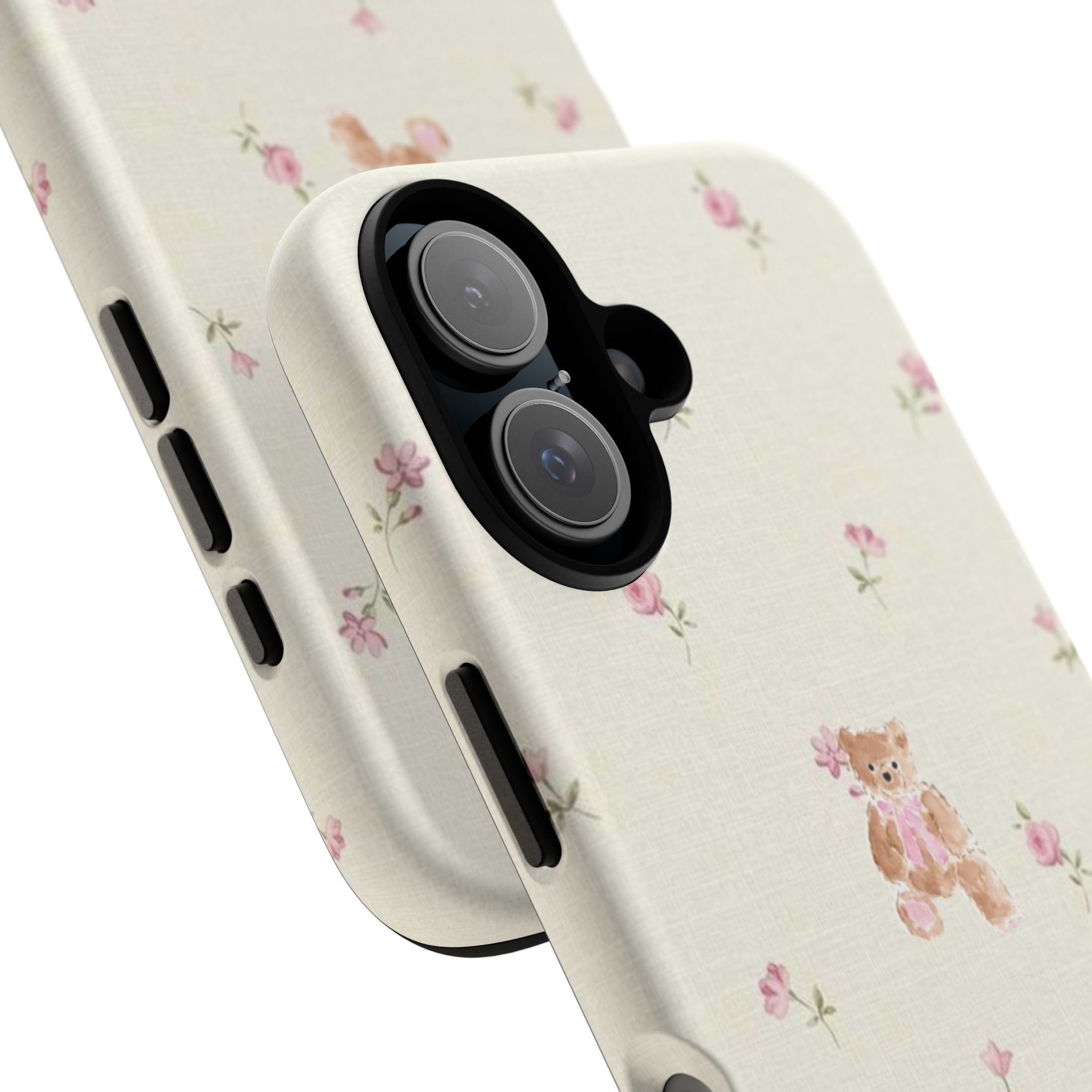 Teddy Floral Tough Phone Case — Cute Pastel Bear & Rose Pattern