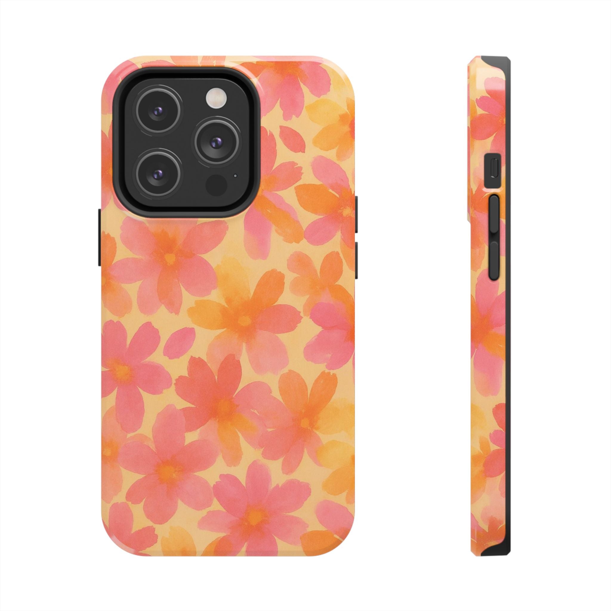 Floral Watercolor Tough Phone Case — Pink & Orange Bloom Protective Cover