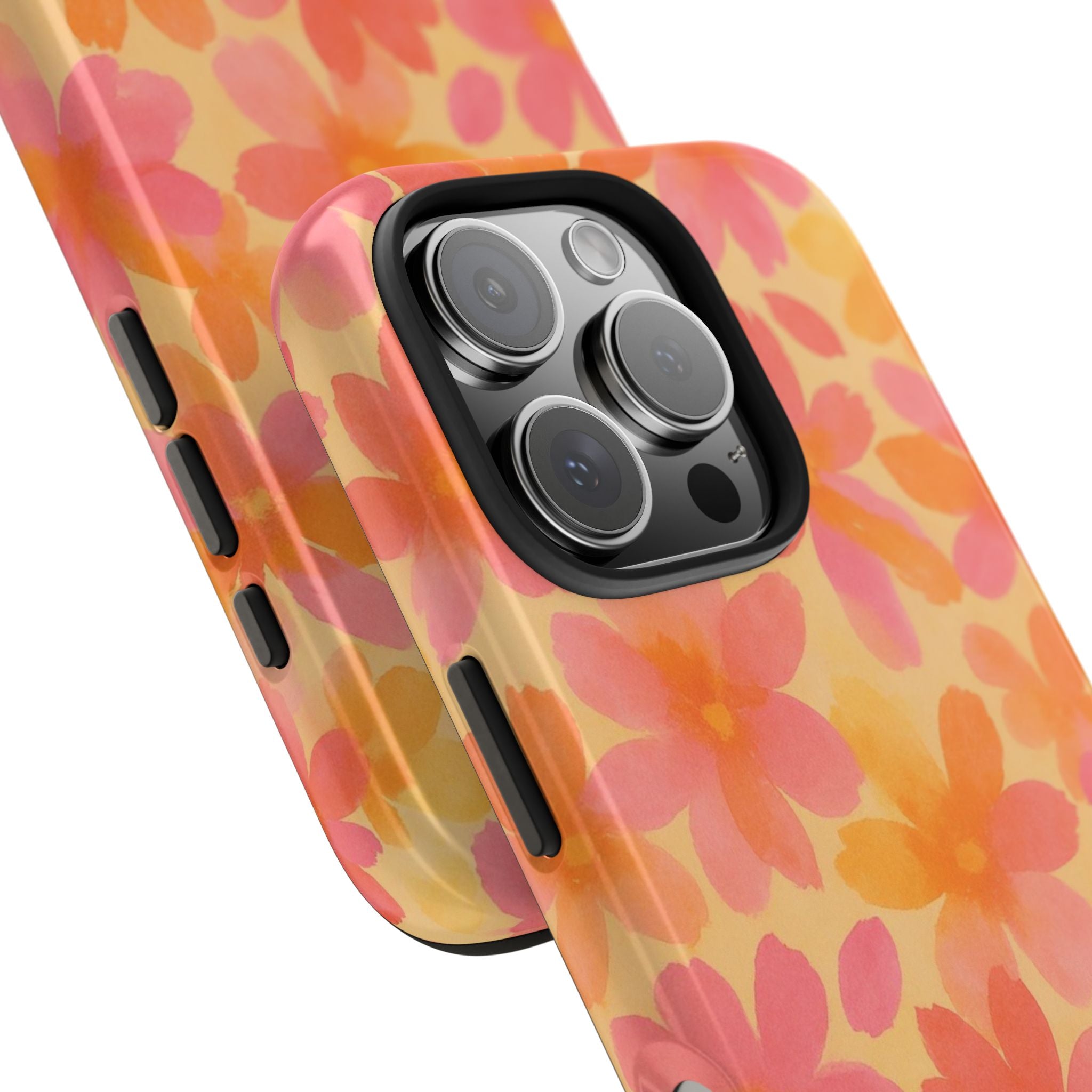 Floral Watercolor Tough Phone Case — Pink & Orange Bloom Protective Cover