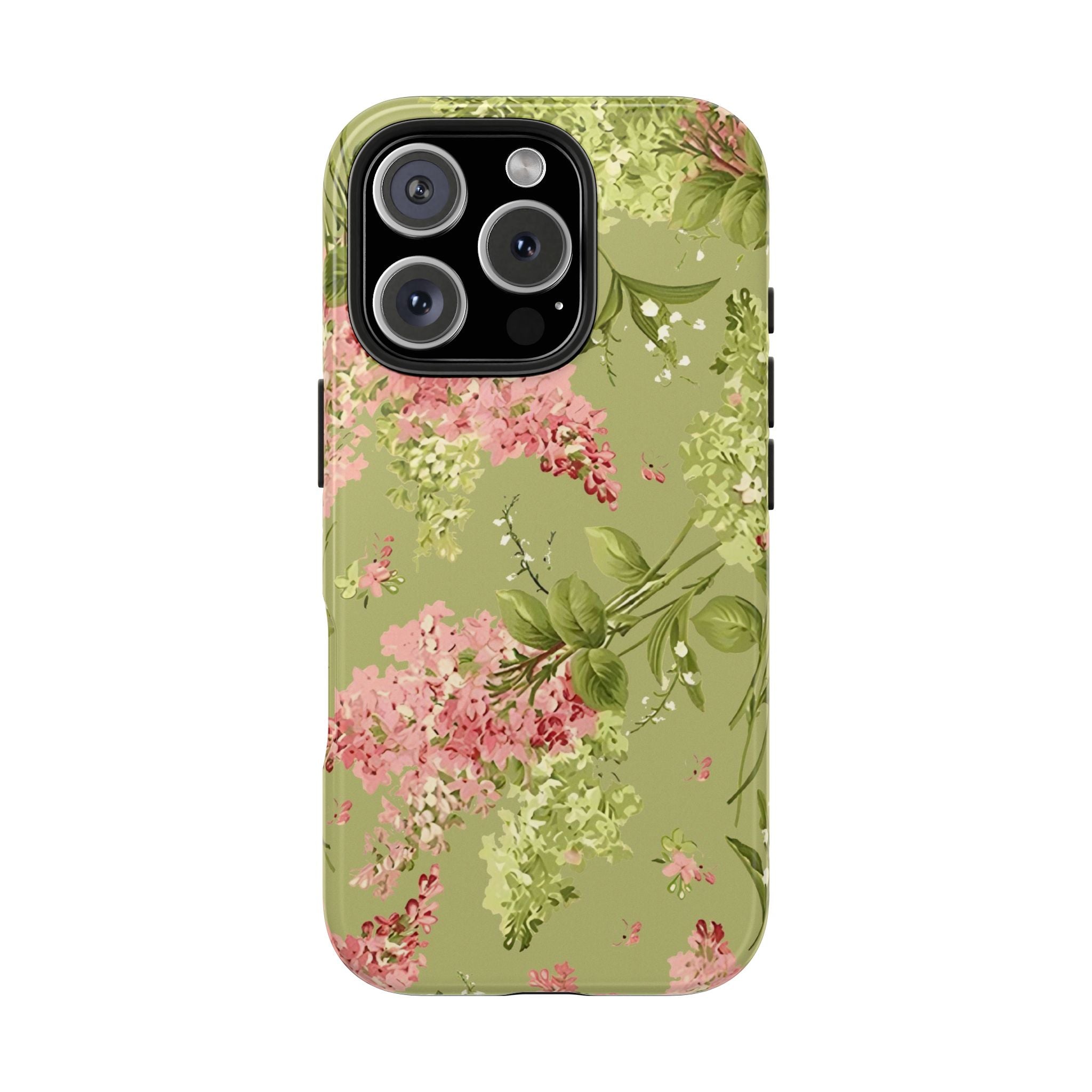 Floral Green Tough Phone Case — Vintage Pink Hydrangea Protective Phone Cover