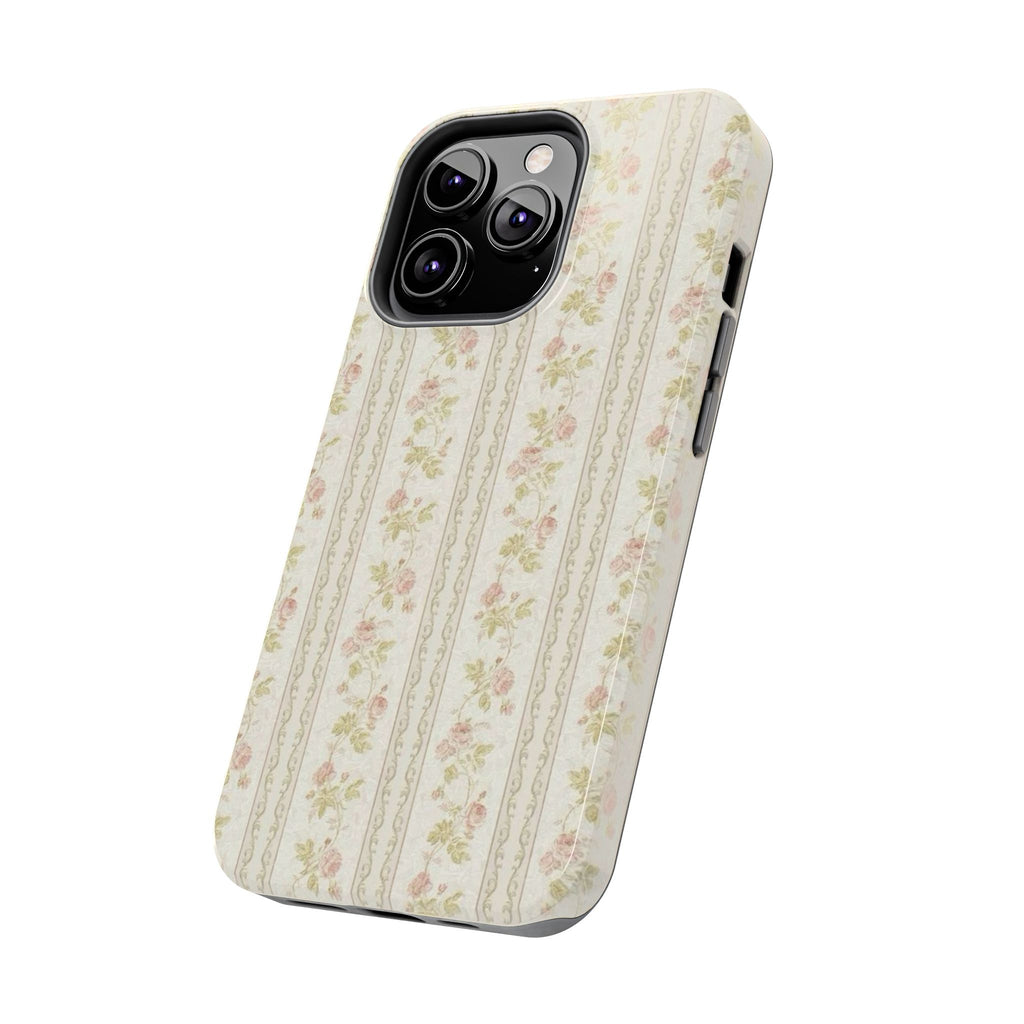 Vintage Floral Stripe Tough Phone Case — Shabby Chic Rose Protection