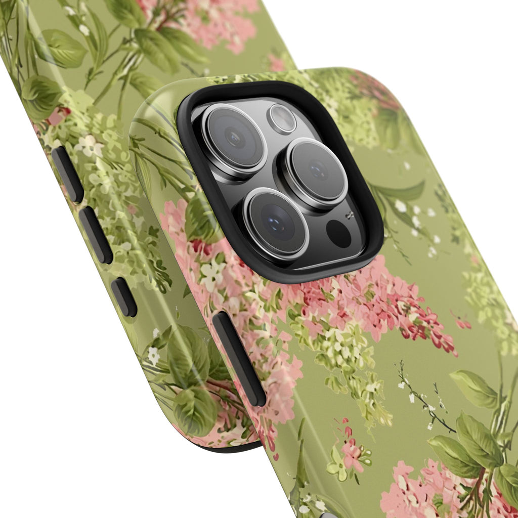 Floral Green Tough Phone Case — Vintage Pink Hydrangea Protective Phone Cover