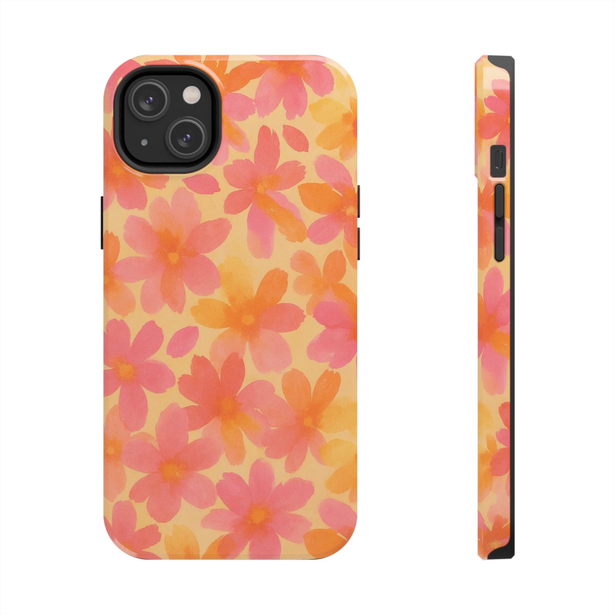 Floral Watercolor Tough Phone Case — Pink & Orange Bloom Protective Cover