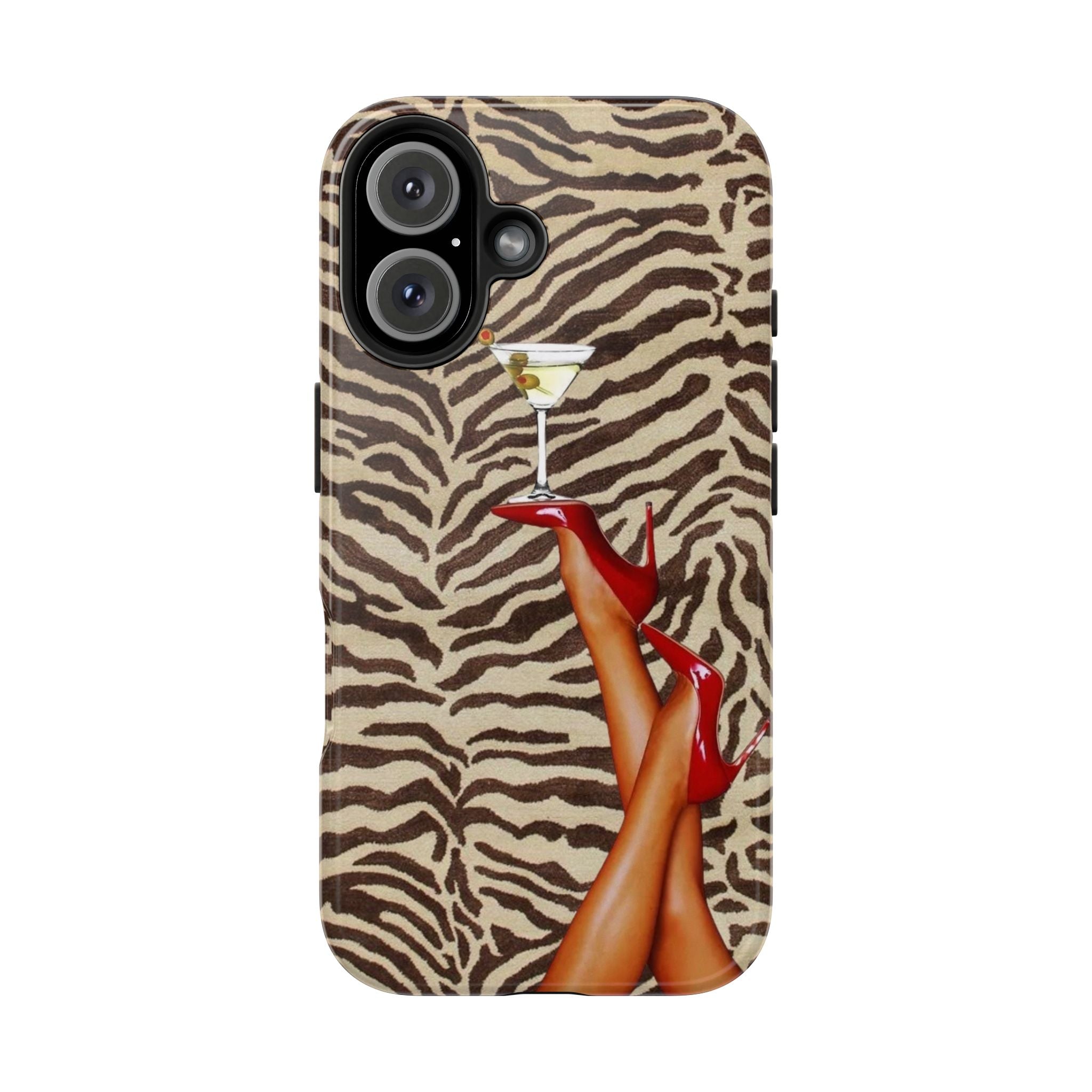 Zebra Glam Tough Phone Case — Martini & Red Heels Retro Style