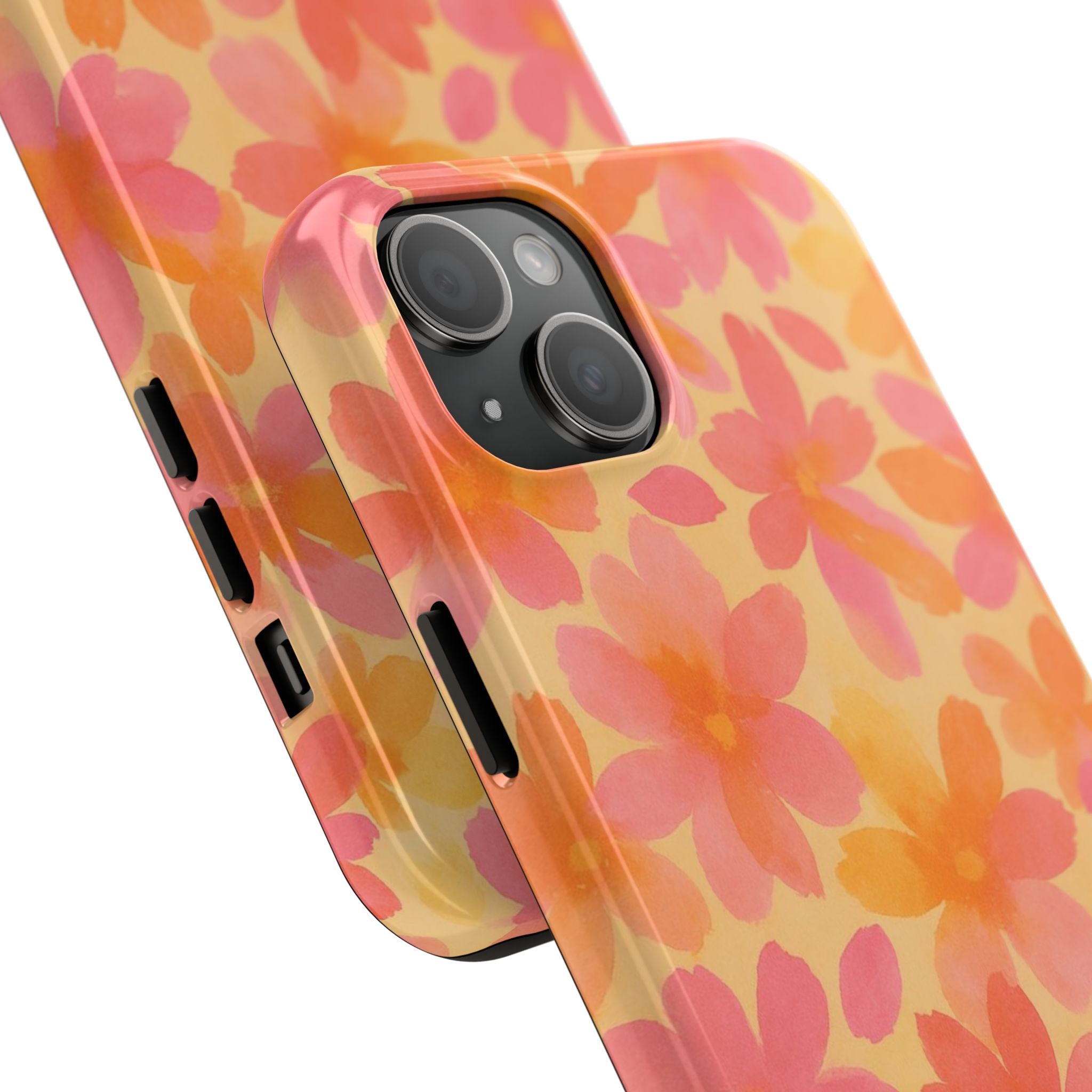 Floral Watercolor Tough Phone Case — Pink & Orange Bloom Protective Cover