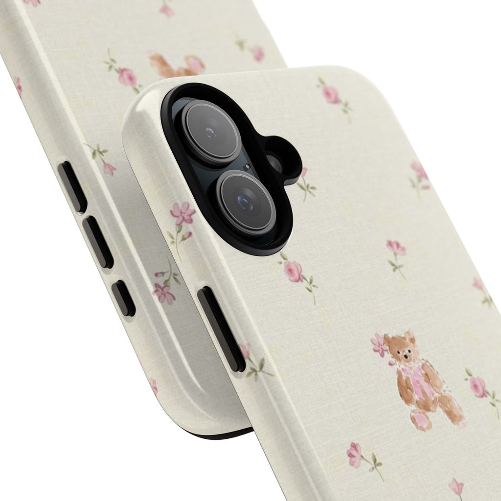 Teddy Floral Tough Phone Case — Cute Pastel Bear & Rose Pattern