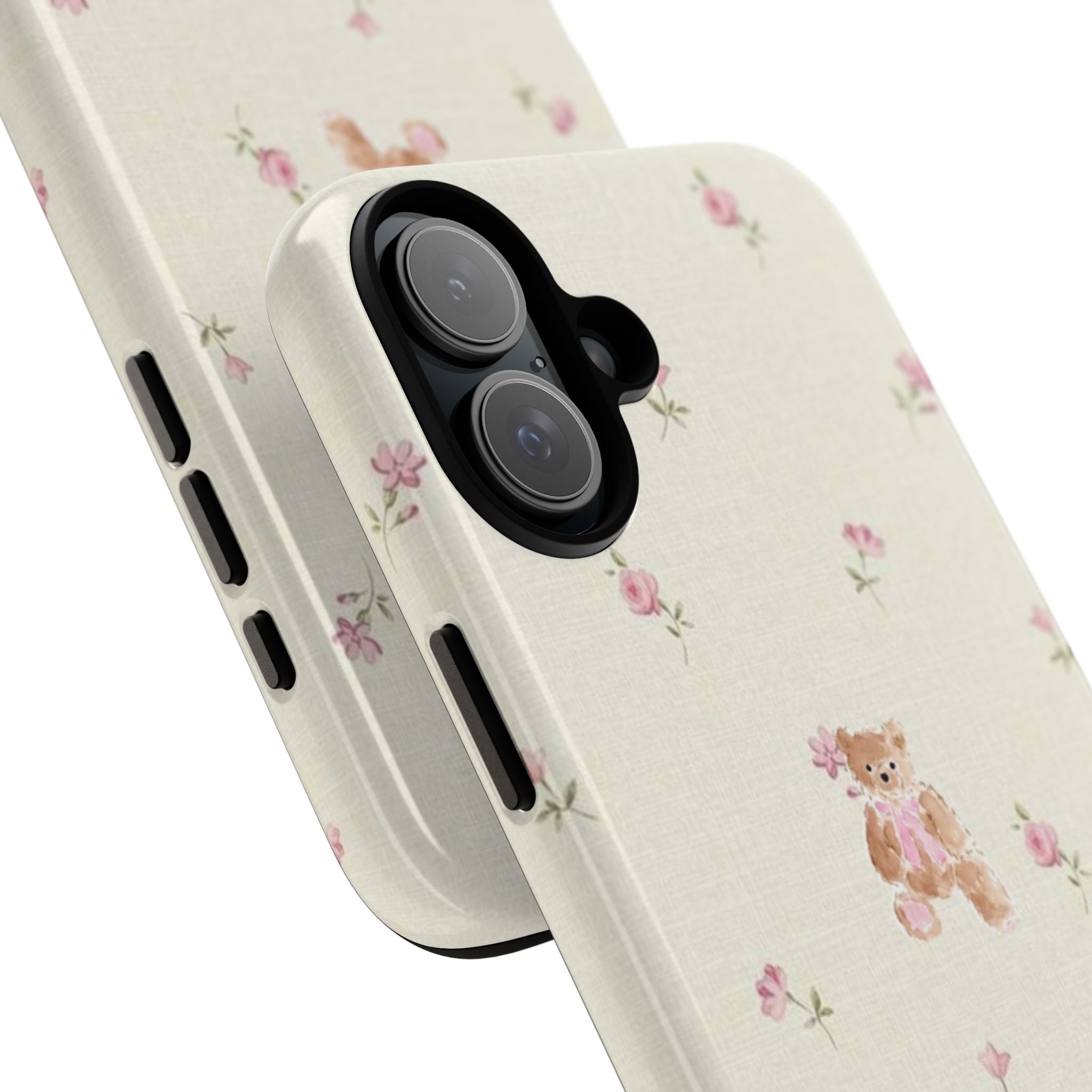 Teddy Floral Tough Phone Case — Cute Pastel Bear & Rose Pattern
