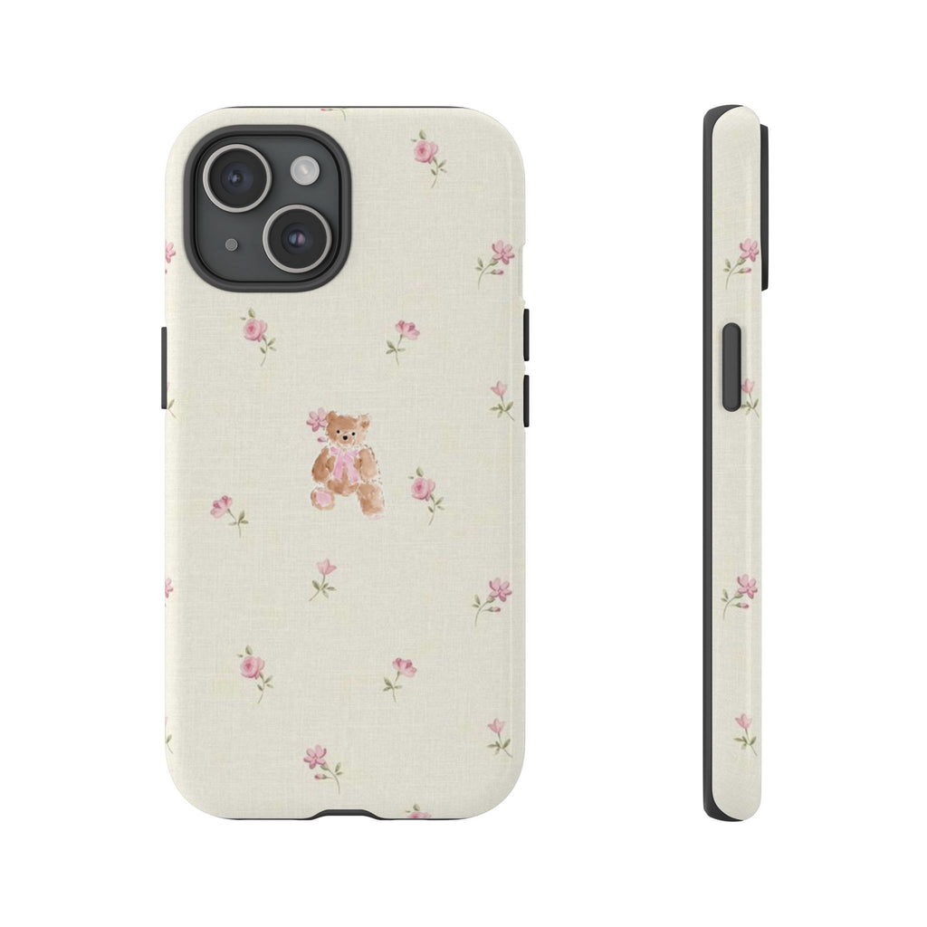 Teddy Floral Tough Phone Case — Cute Pastel Bear & Rose Pattern