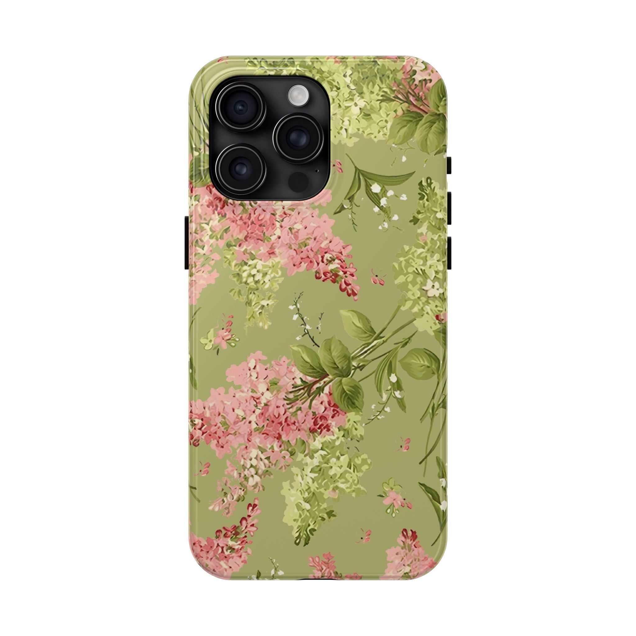 Floral Green Tough Phone Case — Vintage Pink Hydrangea Protective Phone Cover