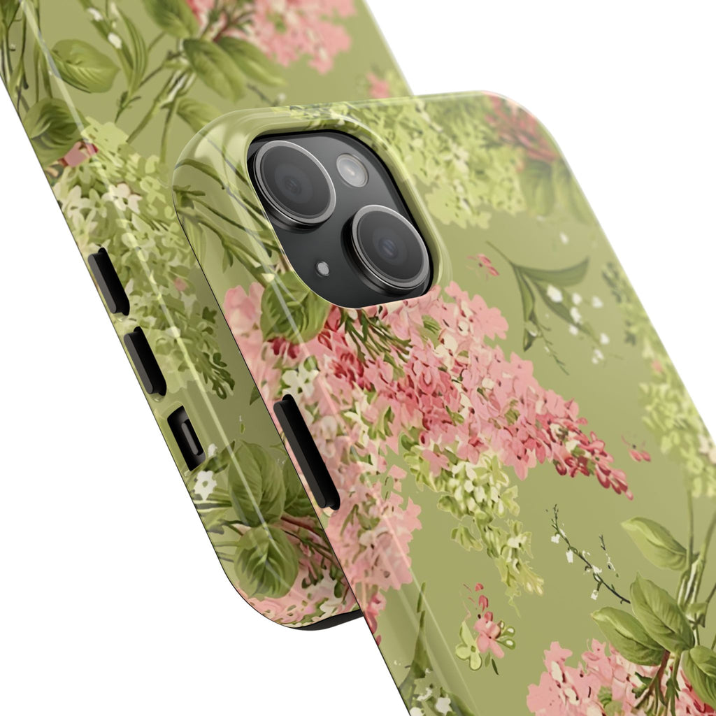 Floral Green Tough Phone Case — Vintage Pink Hydrangea Protective Phone Cover