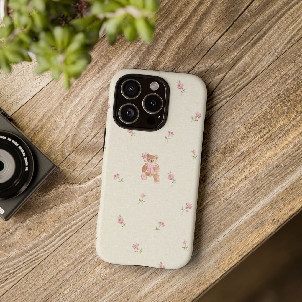 Teddy Floral Tough Phone Case — Cute Pastel Bear & Rose Pattern