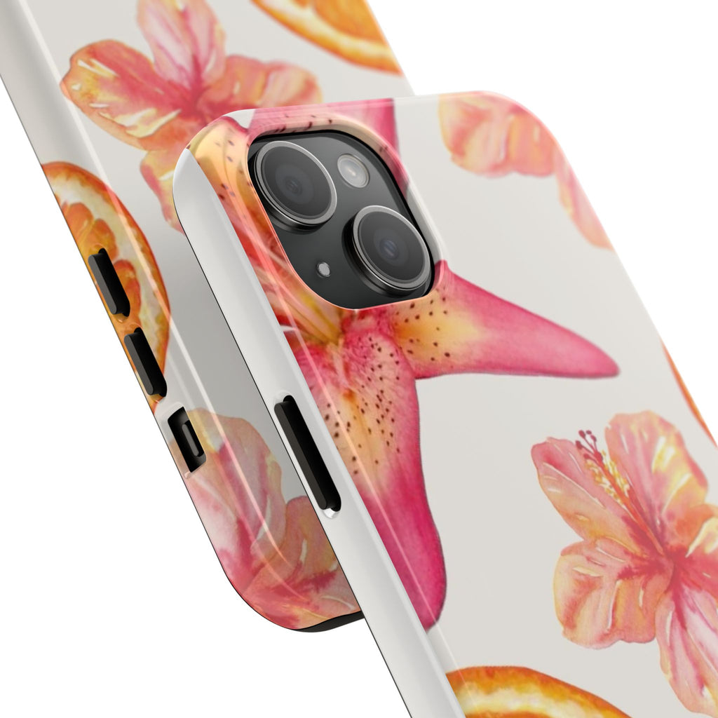 Tough Phone Case — Tropical Citrus & Pink Hibiscus Design