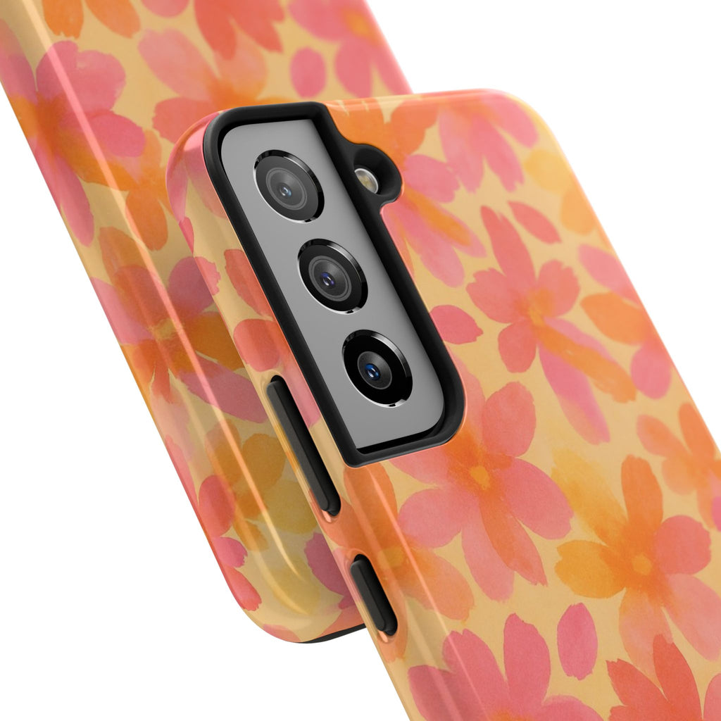 Floral Watercolor Tough Phone Case — Pink & Orange Bloom Protective Cover
