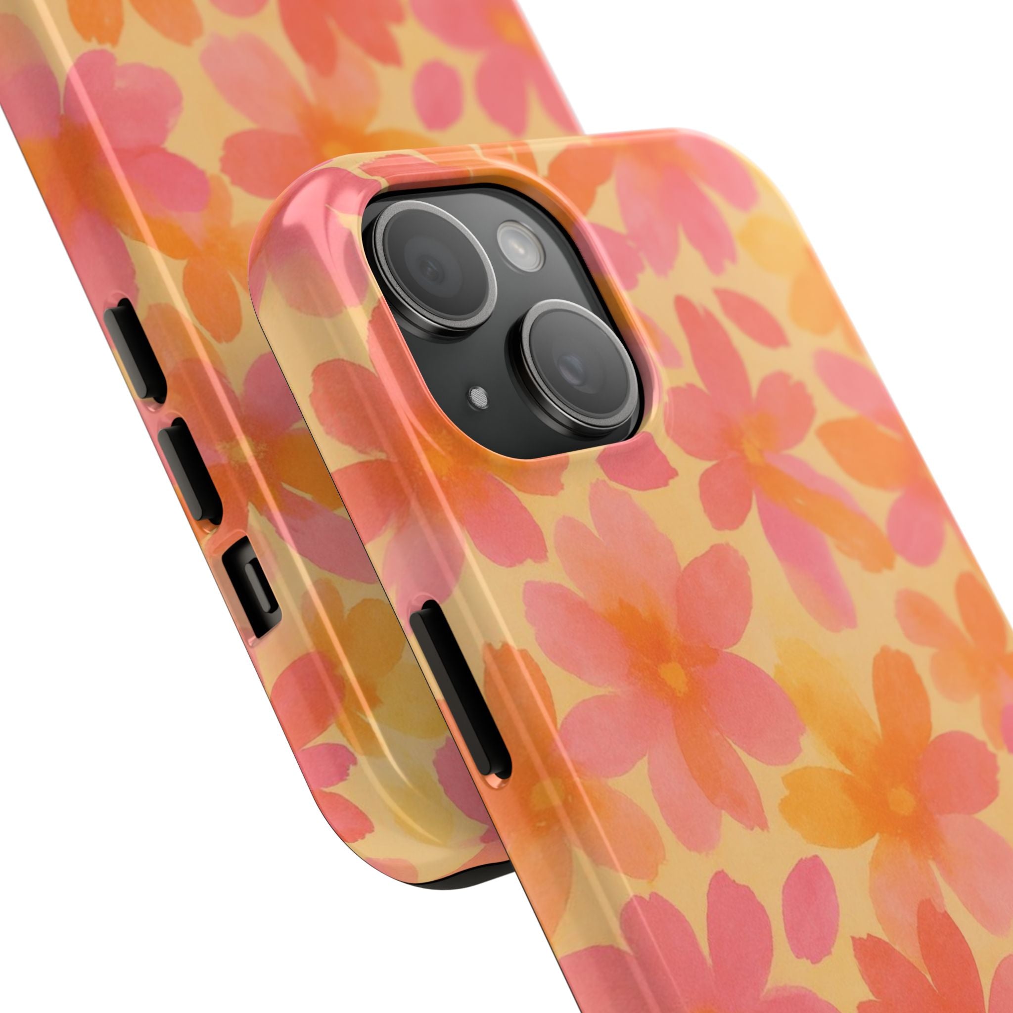 Floral Watercolor Tough Phone Case — Pink & Orange Bloom Protective Cover