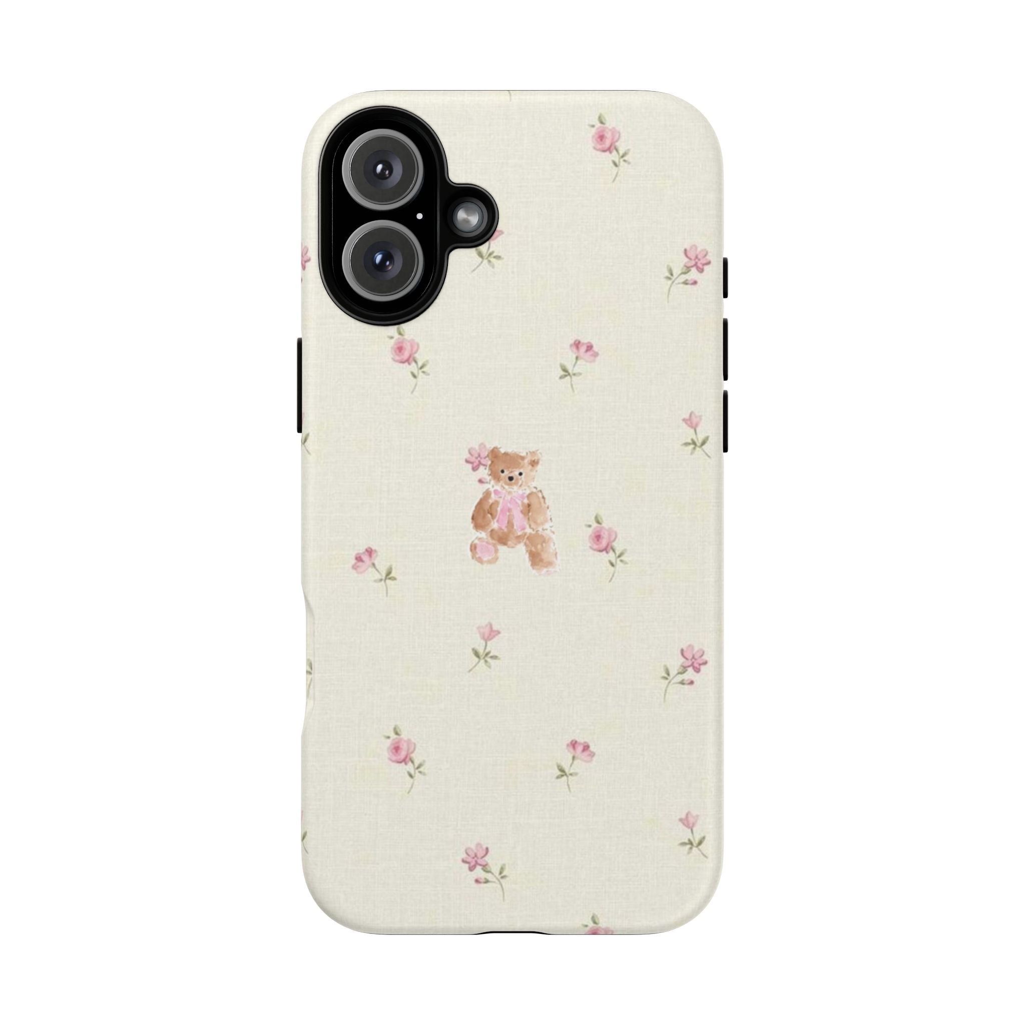 Teddy Floral Tough Phone Case — Cute Pastel Bear & Rose Pattern