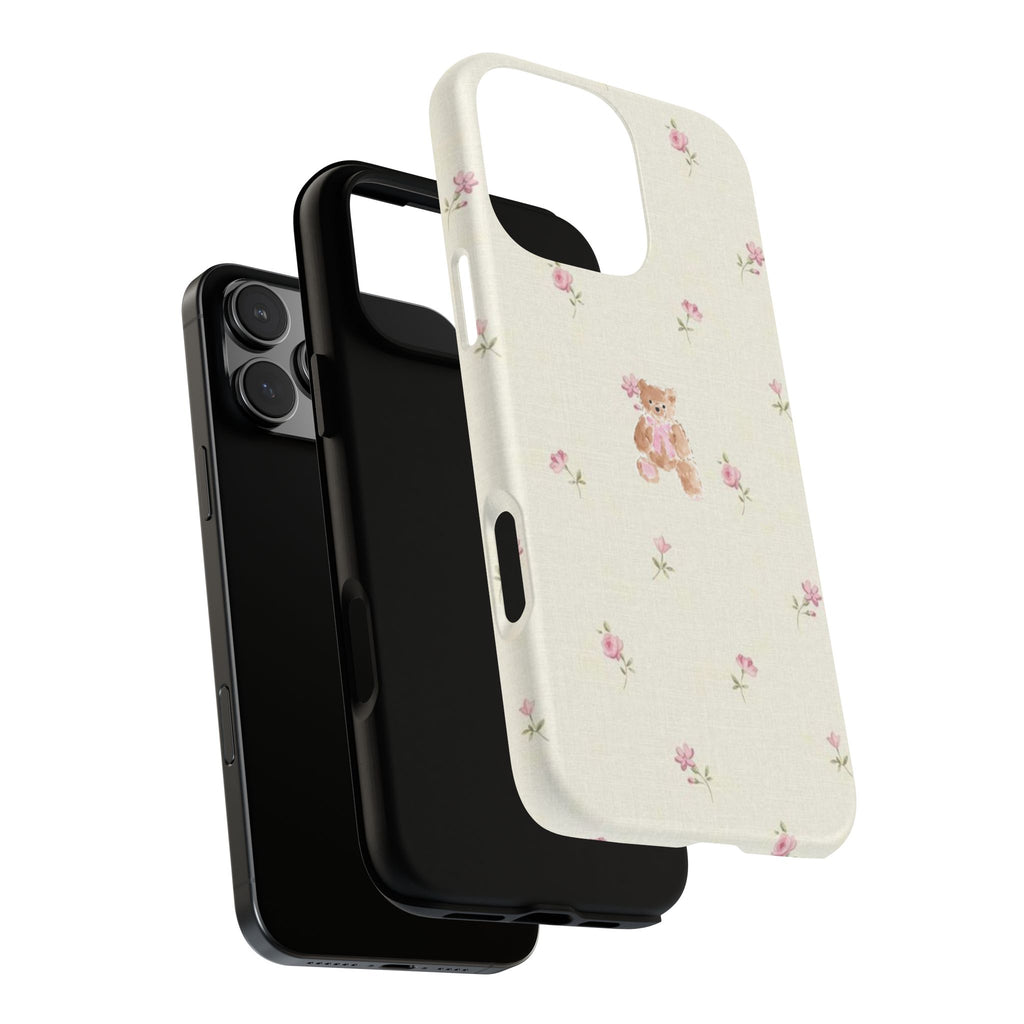 Teddy Floral Tough Phone Case — Cute Pastel Bear & Rose Pattern