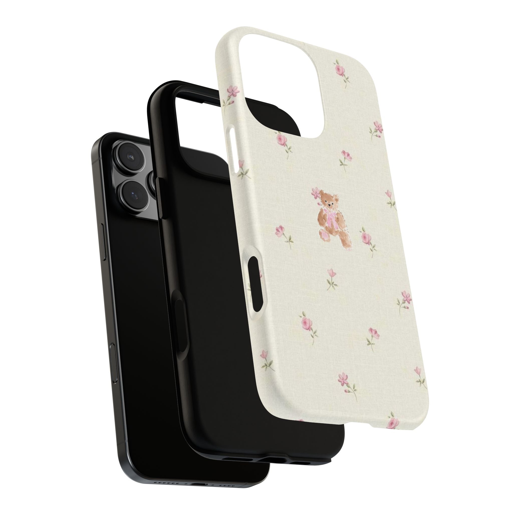 Teddy Floral Tough Phone Case — Cute Pastel Bear & Rose Pattern