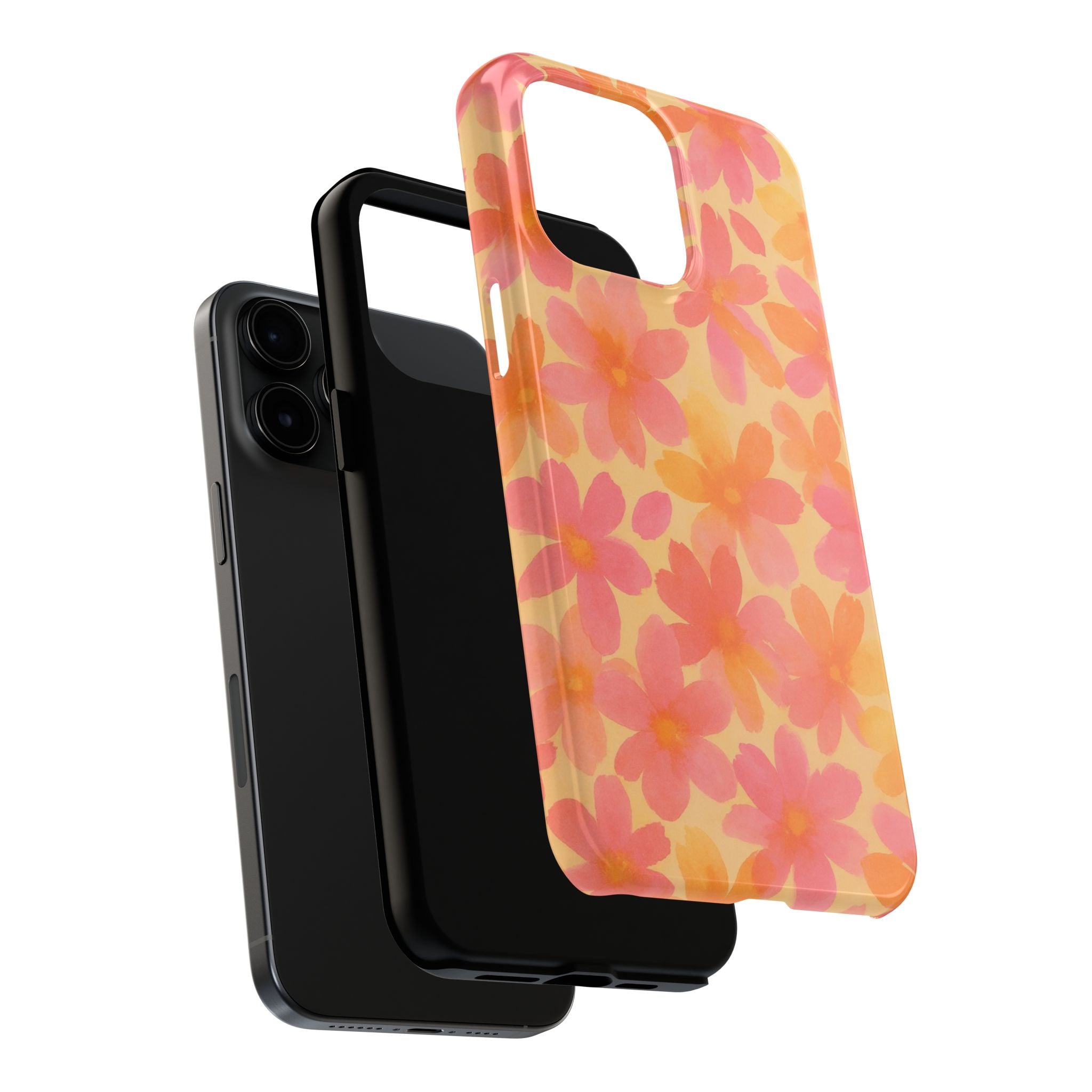 Floral Watercolor Tough Phone Case — Pink & Orange Bloom Protective Cover