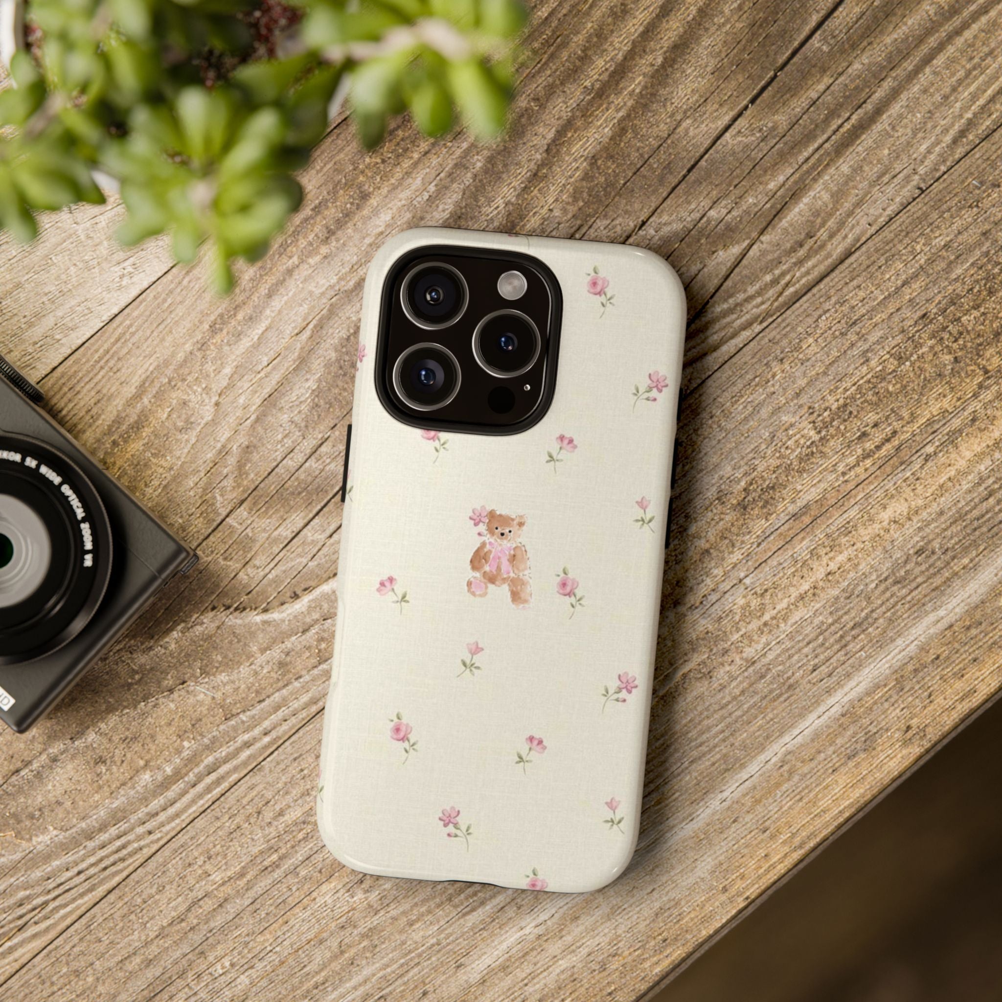Teddy Floral Tough Phone Case — Cute Pastel Bear & Rose Pattern