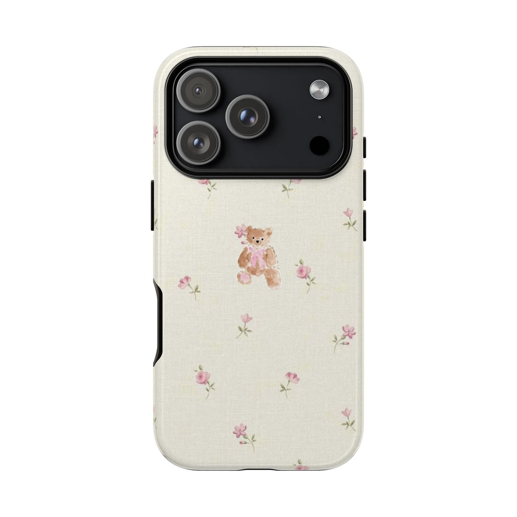 Teddy Floral Tough Phone Case — Cute Pastel Bear & Rose Pattern