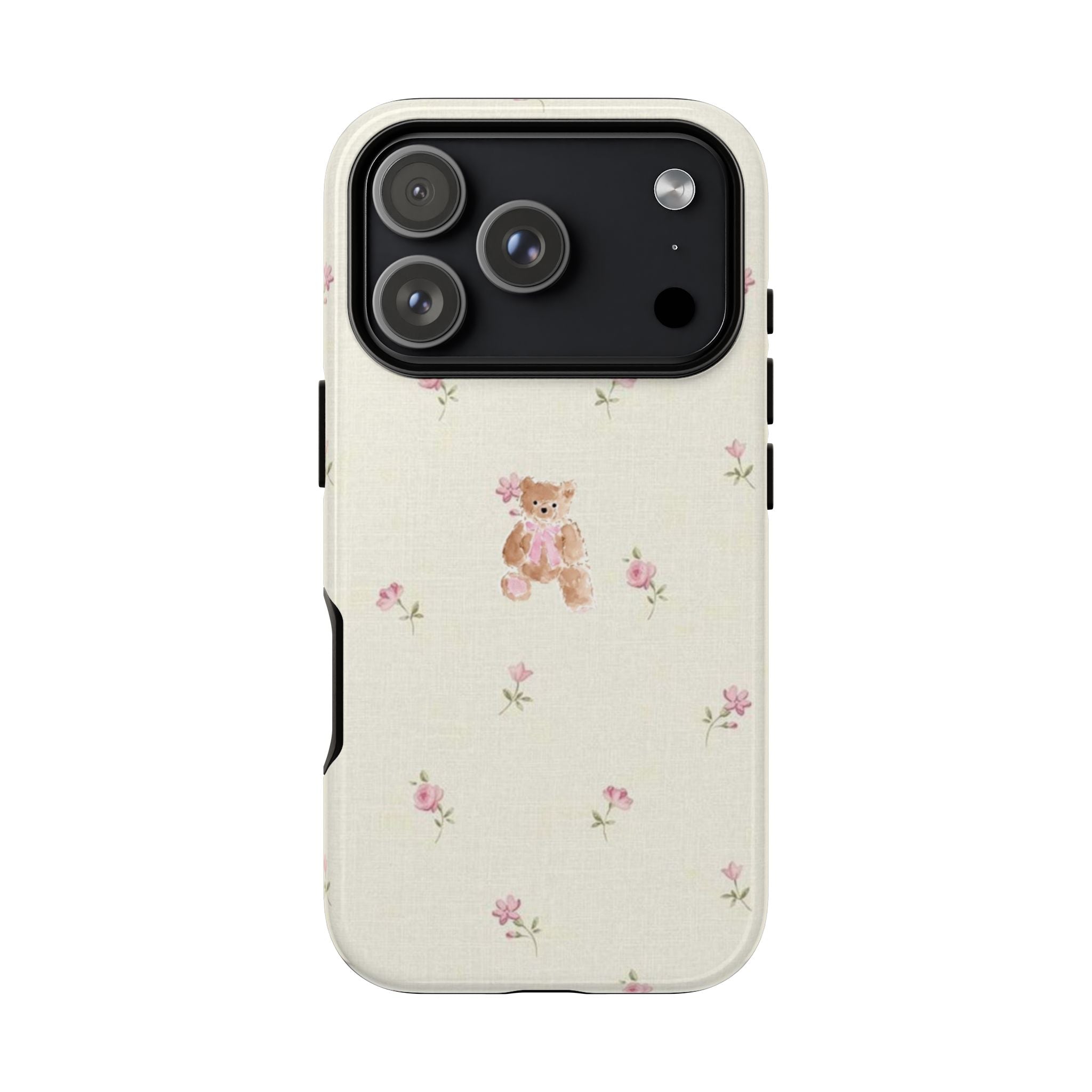 Teddy Floral Tough Phone Case — Cute Pastel Bear & Rose Pattern