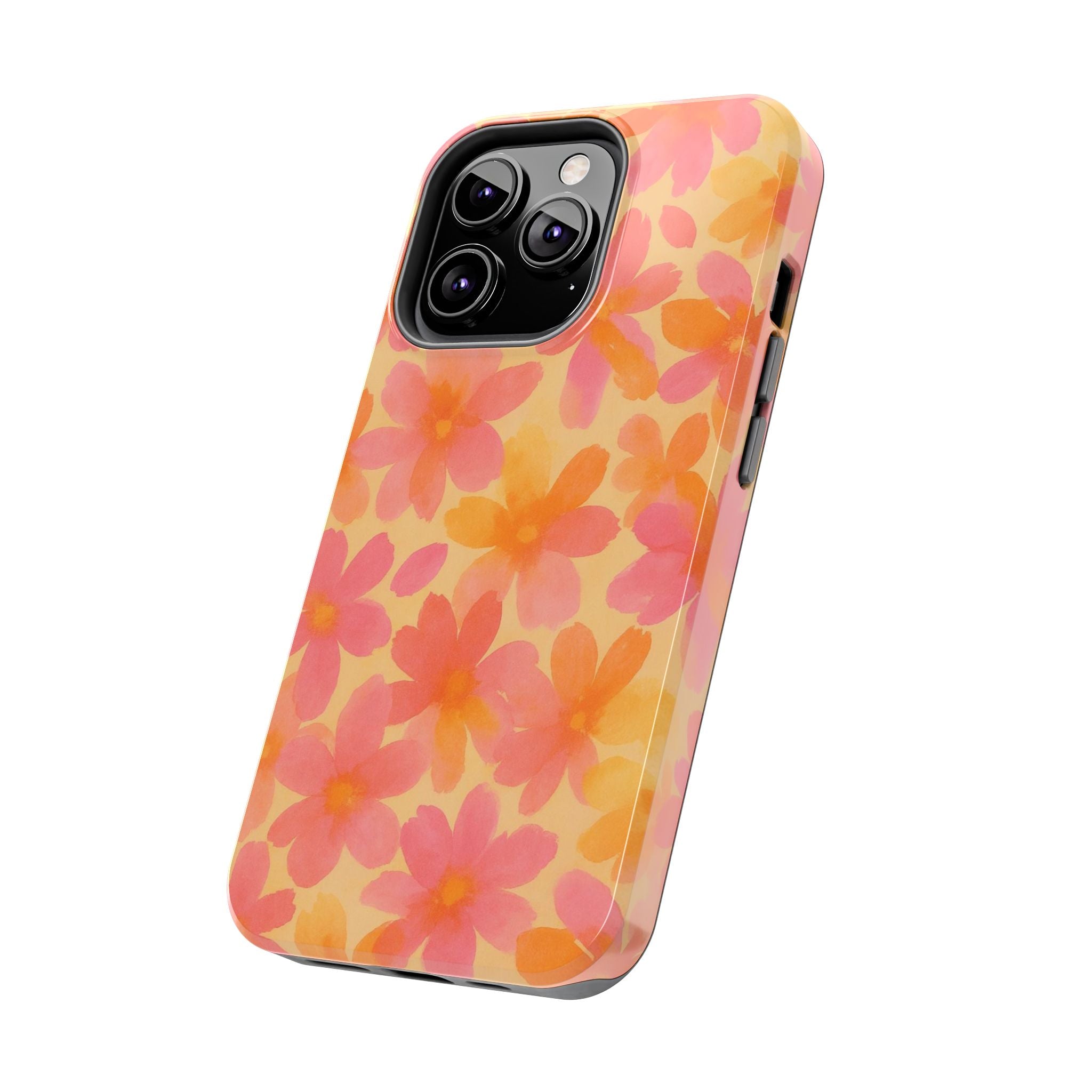 Floral Watercolor Tough Phone Case — Pink & Orange Bloom Protective Cover