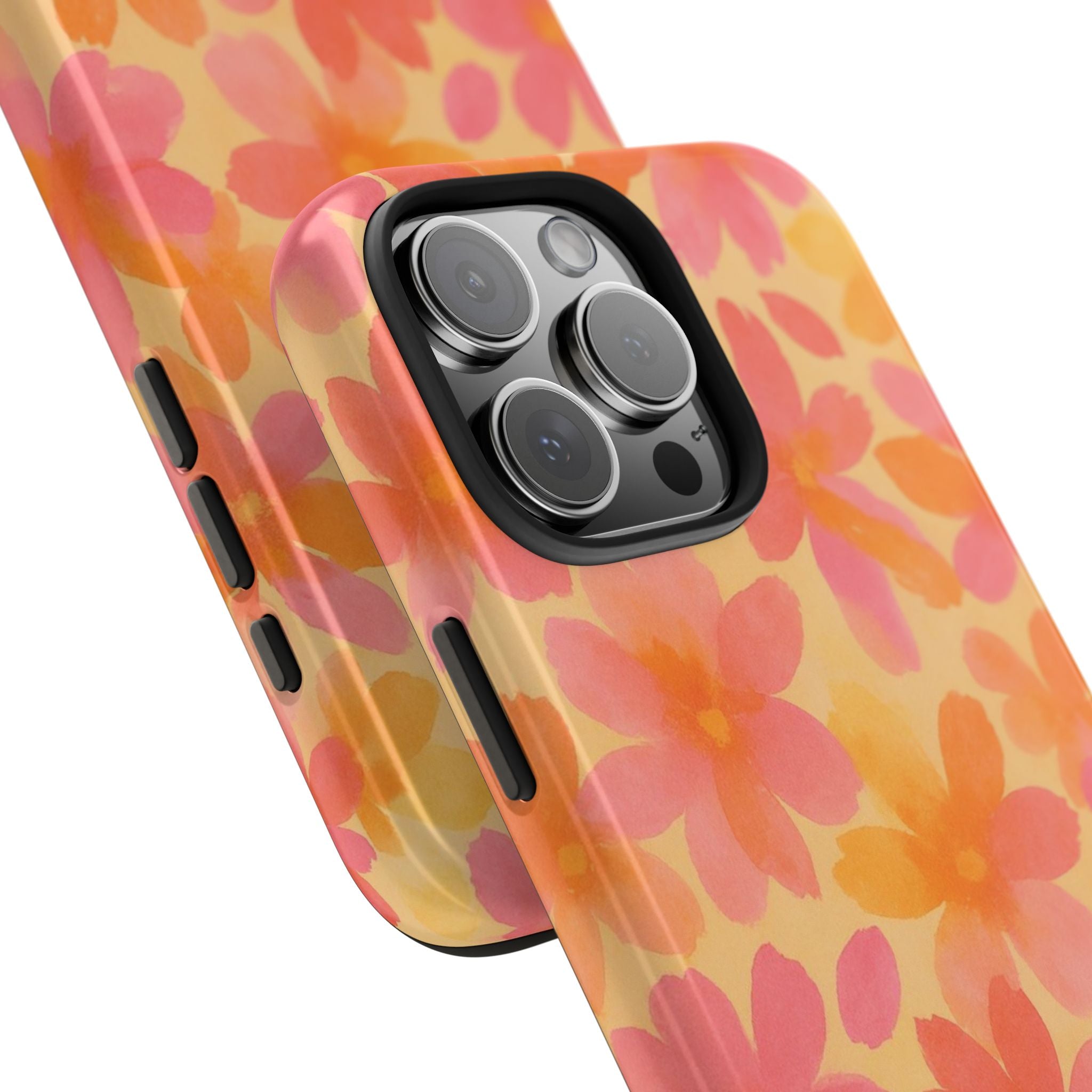 Floral Watercolor Tough Phone Case — Pink & Orange Bloom Protective Cover