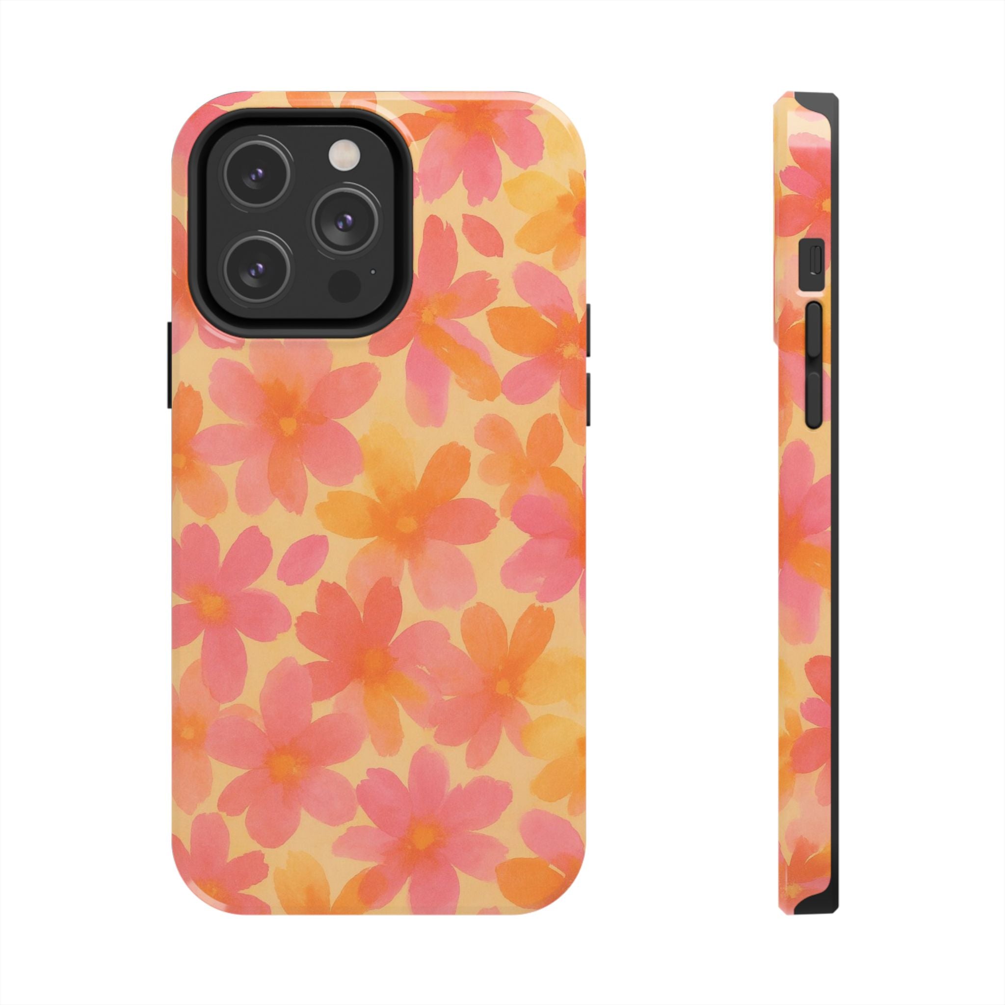 Floral Watercolor Tough Phone Case — Pink & Orange Bloom Protective Cover