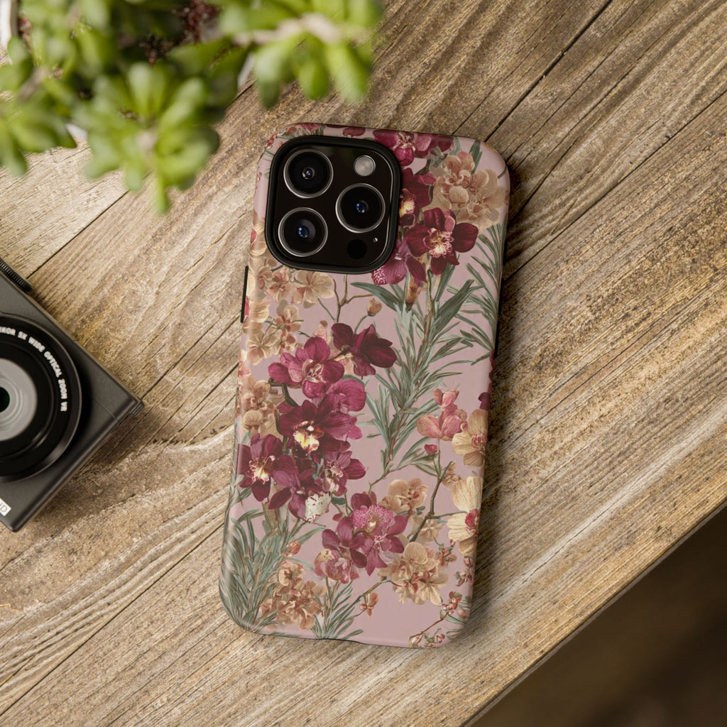 Floral Orchid Tough Phone Case — Vintage Pink Burgundy Protection