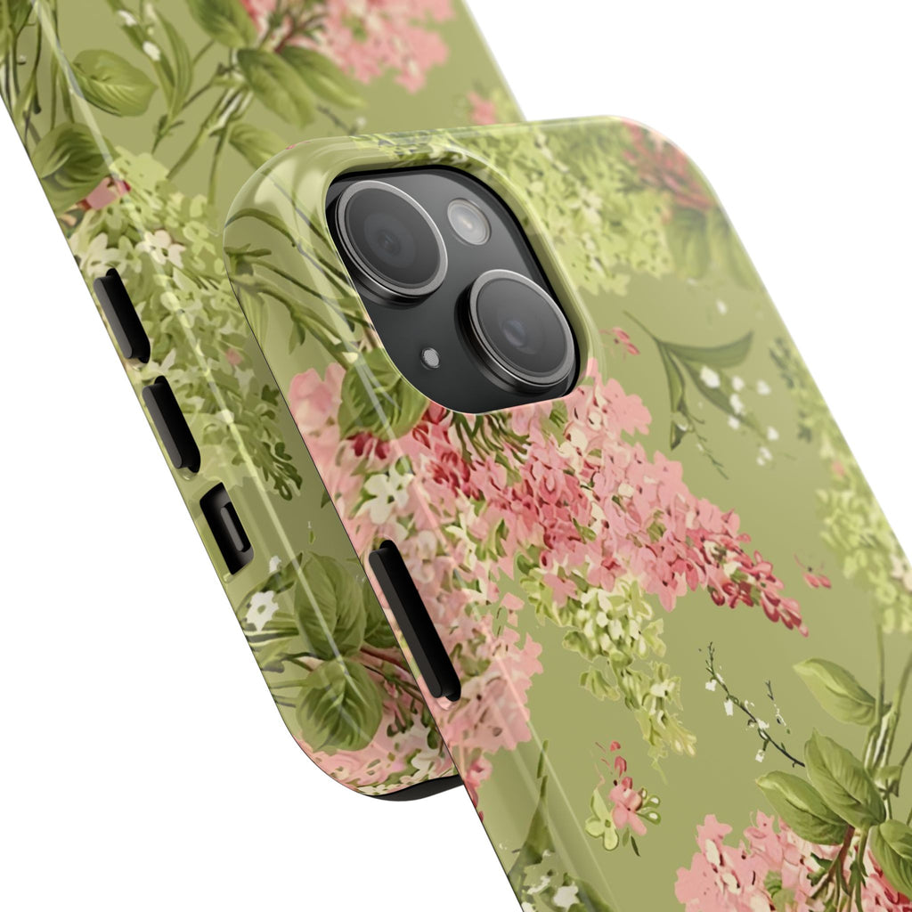 Floral Green Tough Phone Case — Vintage Pink Hydrangea Protective Phone Cover