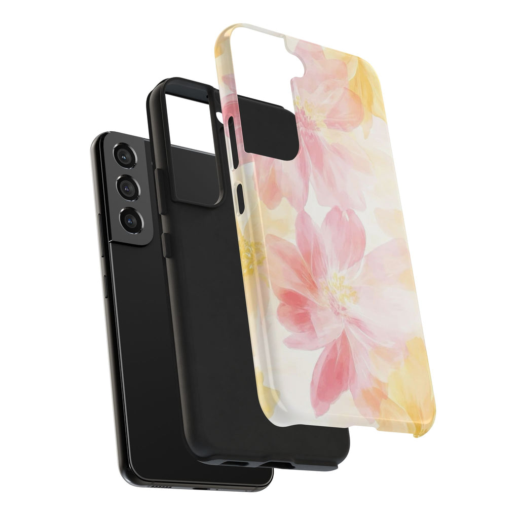 Floral Watercolor Tough Phone Case — Pink & Yellow Bloom Protective Cover