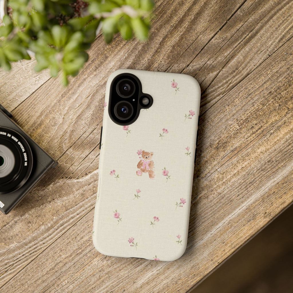 Teddy Floral Tough Phone Case — Cute Pastel Bear & Rose Pattern
