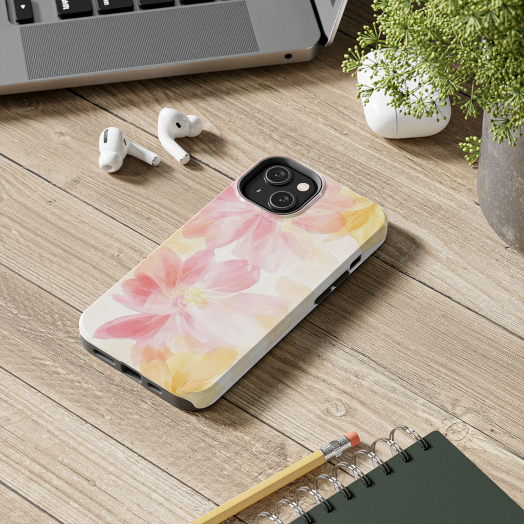 Floral Watercolor Tough Phone Case — Pink & Yellow Bloom Protective Cover