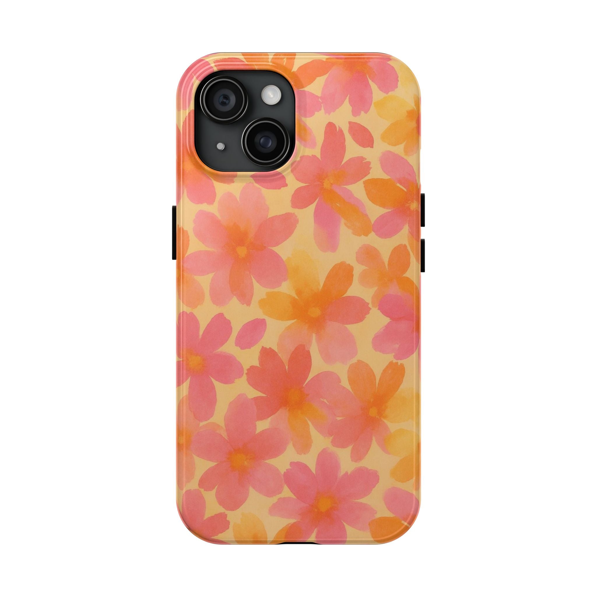 Floral Watercolor Tough Phone Case — Pink & Orange Bloom Protective Cover