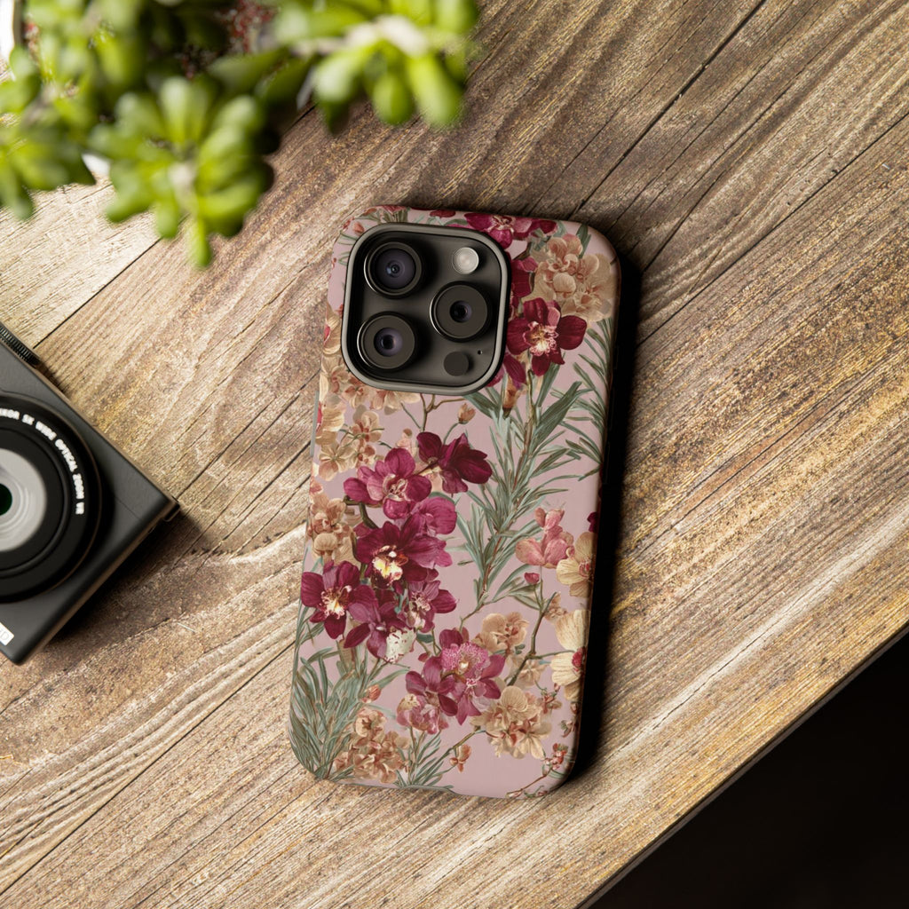 Floral Orchid Tough Phone Case — Vintage Pink Burgundy Protection