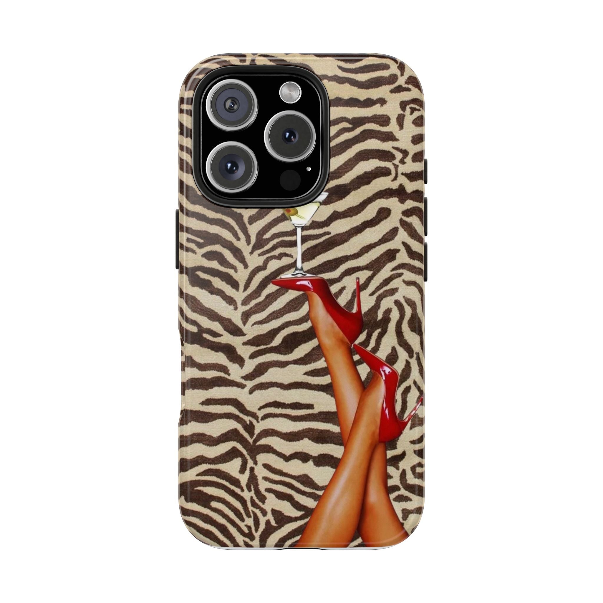 Zebra Glam Tough Phone Case — Martini & Red Heels Retro Style