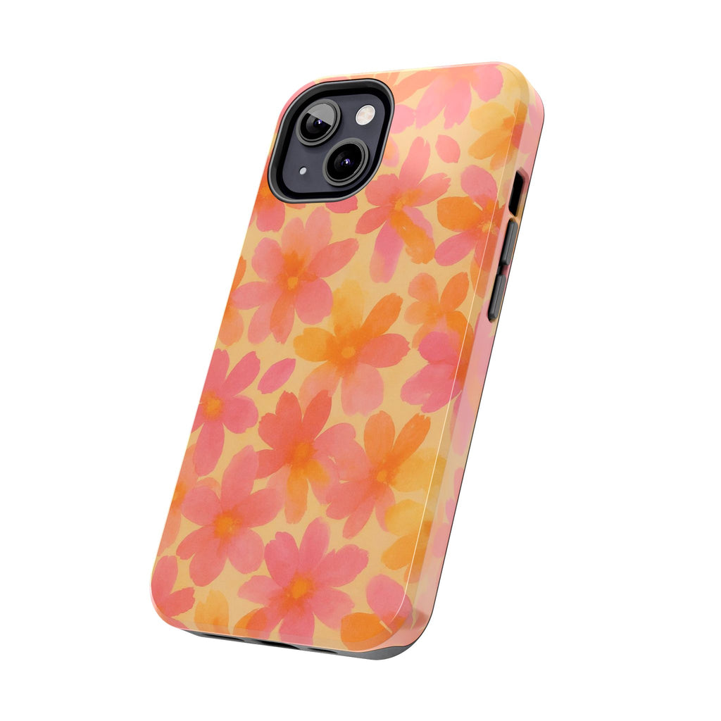 Floral Watercolor Tough Phone Case — Pink & Orange Bloom Protective Cover