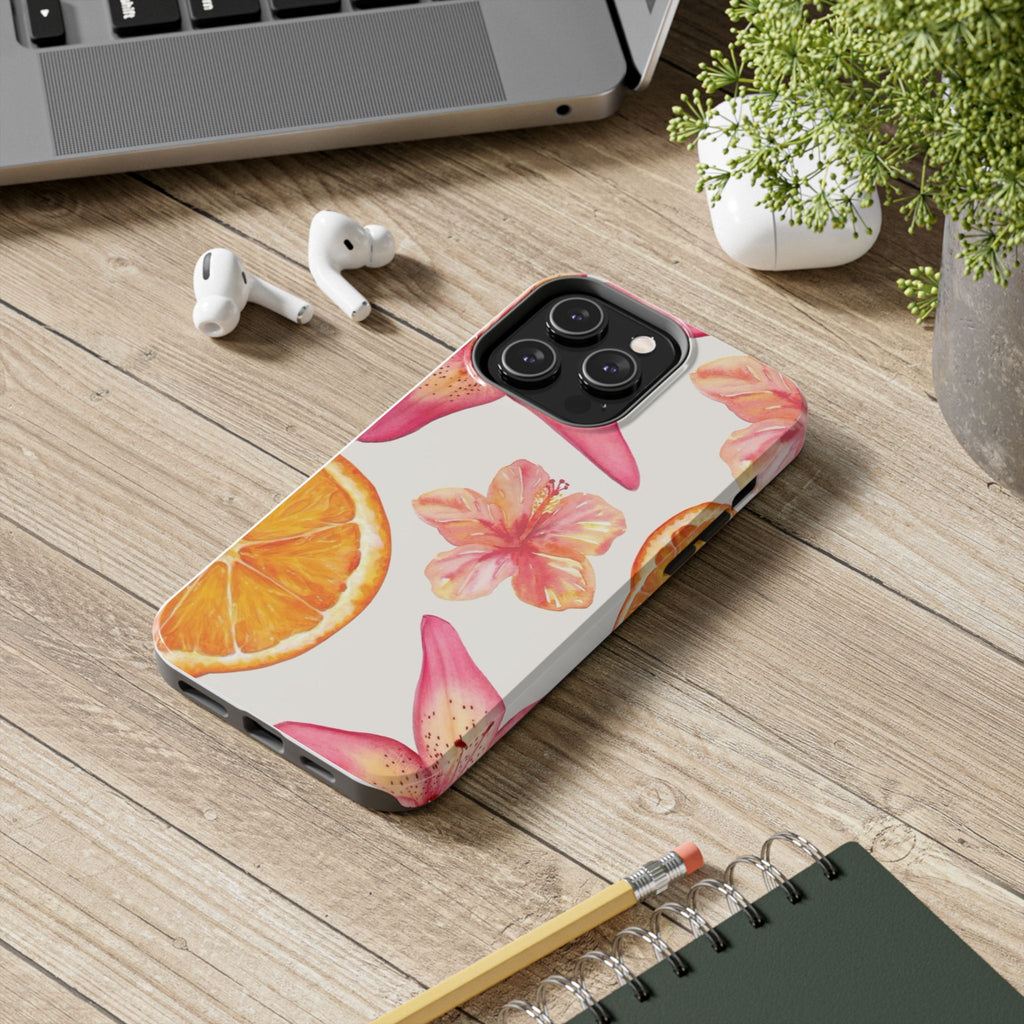 Tough Phone Case — Tropical Citrus & Pink Hibiscus Design