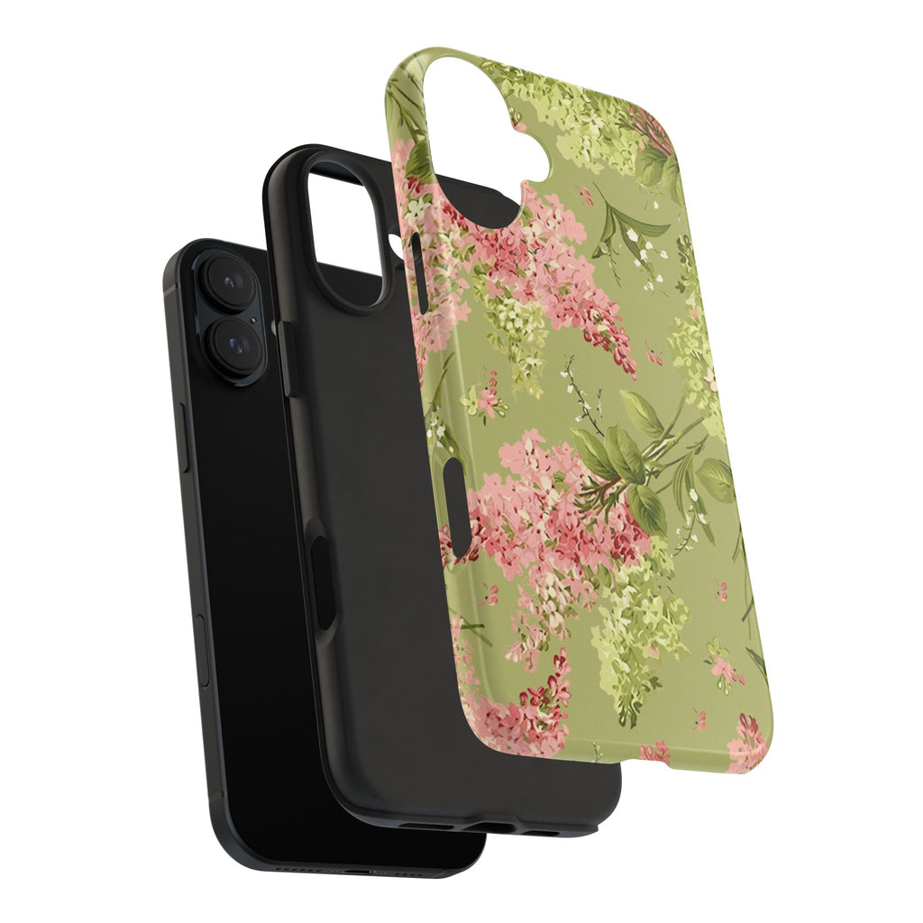 Floral Green Tough Phone Case — Vintage Pink Hydrangea Protective Phone Cover