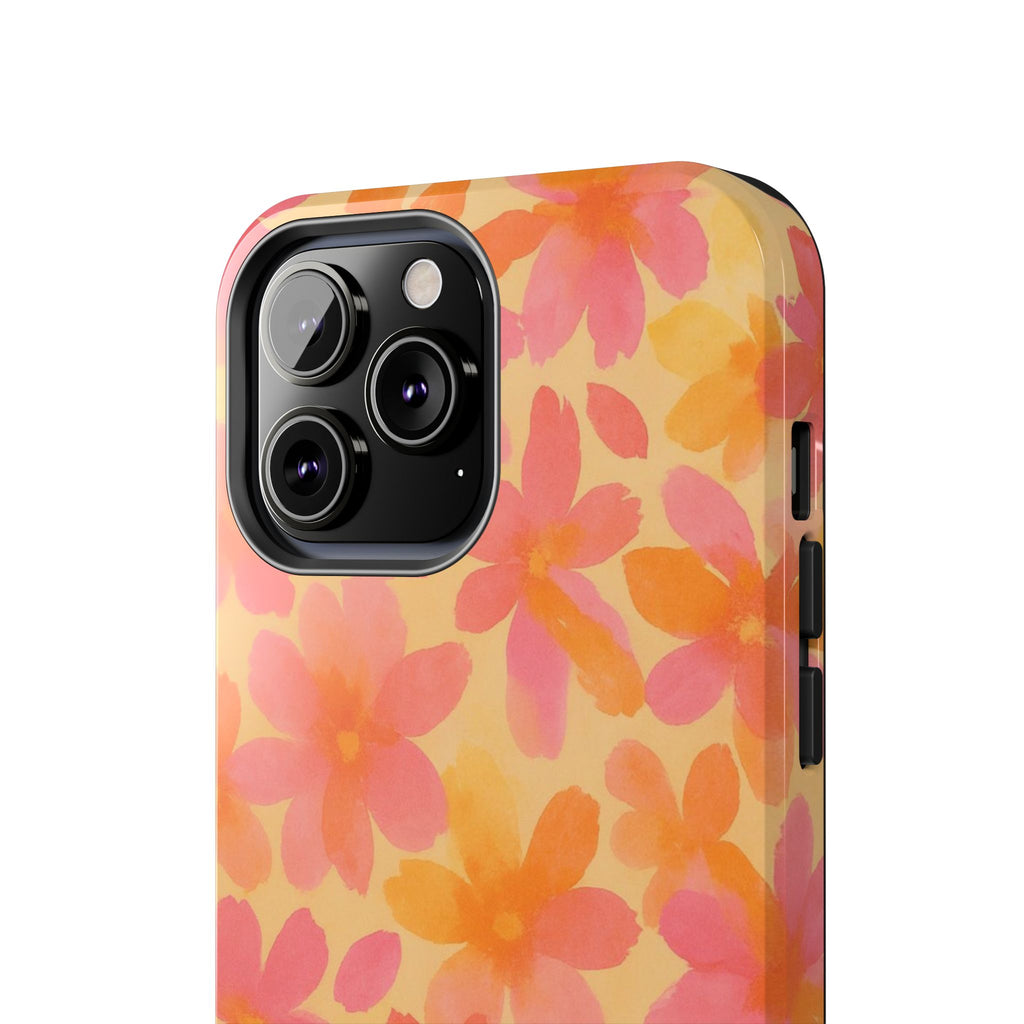 Floral Watercolor Tough Phone Case — Pink & Orange Bloom Protective Cover