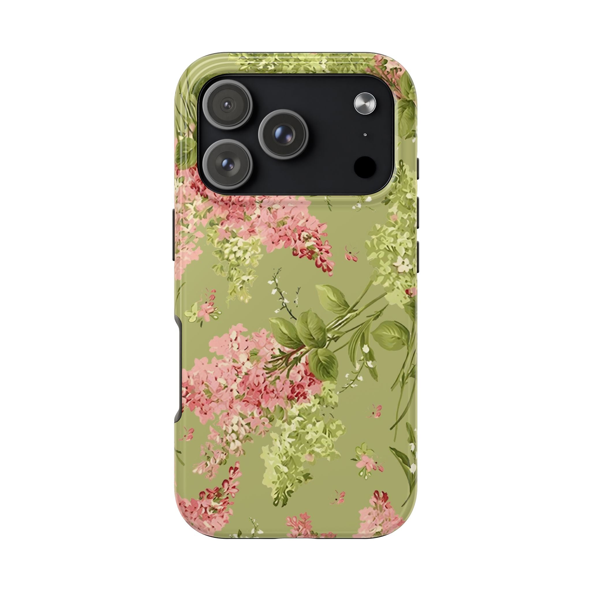Floral Green Tough Phone Case — Vintage Pink Hydrangea Protective Phone Cover