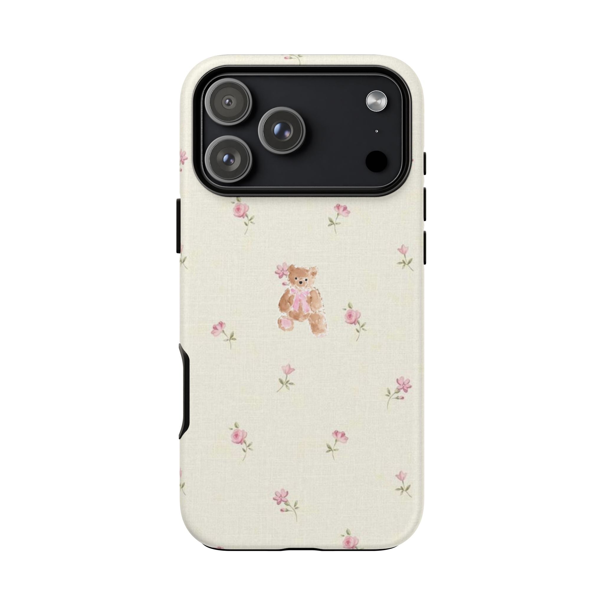 Teddy Floral Tough Phone Case — Cute Pastel Bear & Rose Pattern
