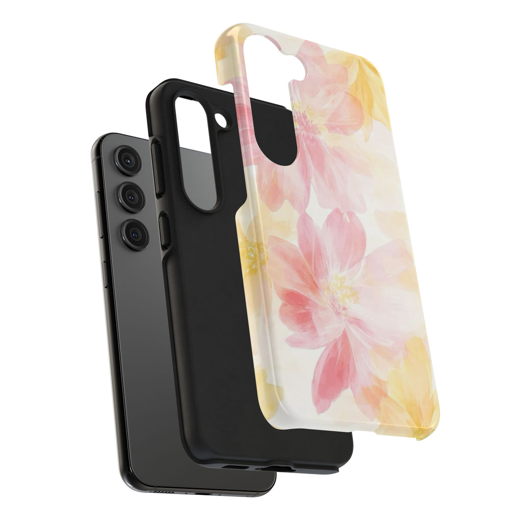 Floral Watercolor Tough Phone Case — Pink & Yellow Bloom Protective Cover