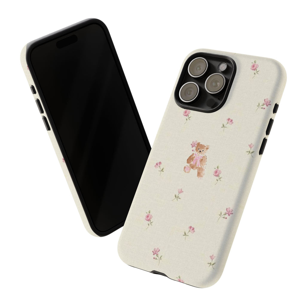 Teddy Floral Tough Phone Case — Cute Pastel Bear & Rose Pattern