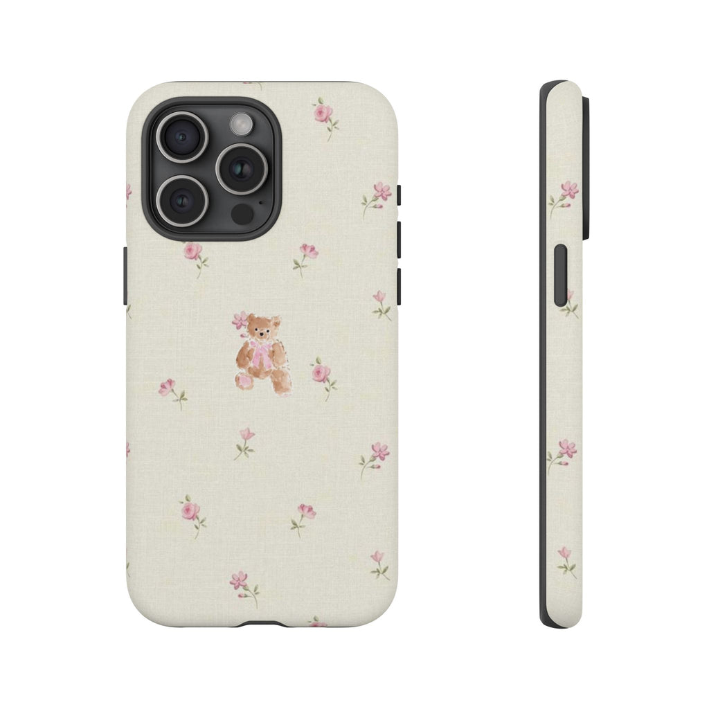 Teddy Floral Tough Phone Case — Cute Pastel Bear & Rose Pattern