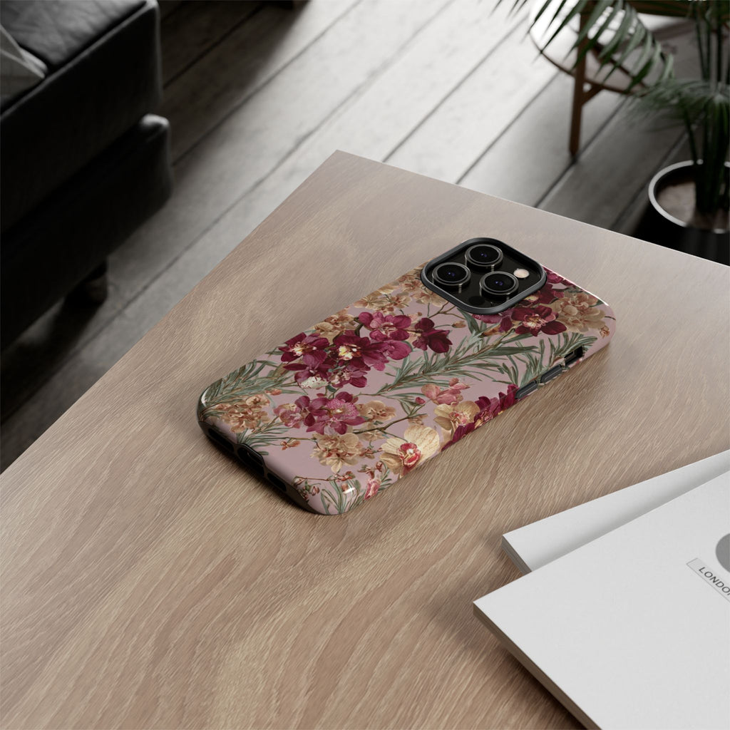 Floral Orchid Tough Phone Case — Vintage Pink Burgundy Protection
